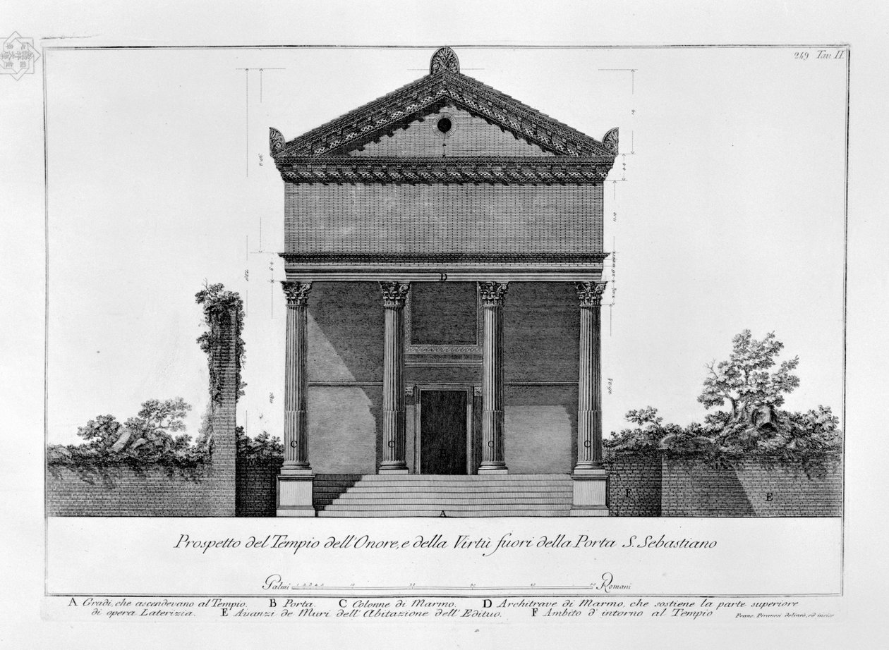 Perspektywa Świątyni Honoru i Cnoty przed Porta S. Sebastiano autorstwa Francesco Piranesi