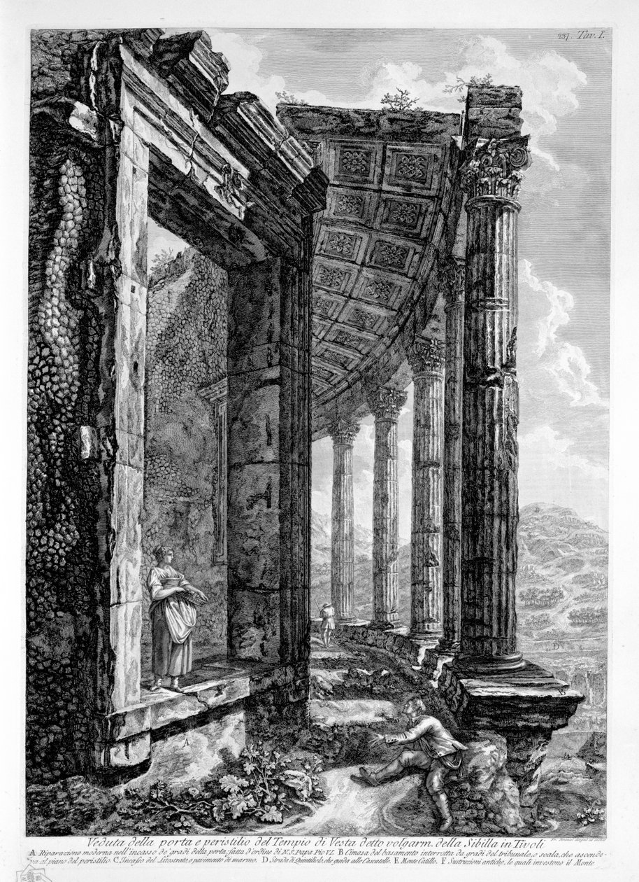 Widok na drzwi i perystyl świątyni Westy znanej jako volgarm. Sybilli w Tivoli autorstwa Francesco Piranesi