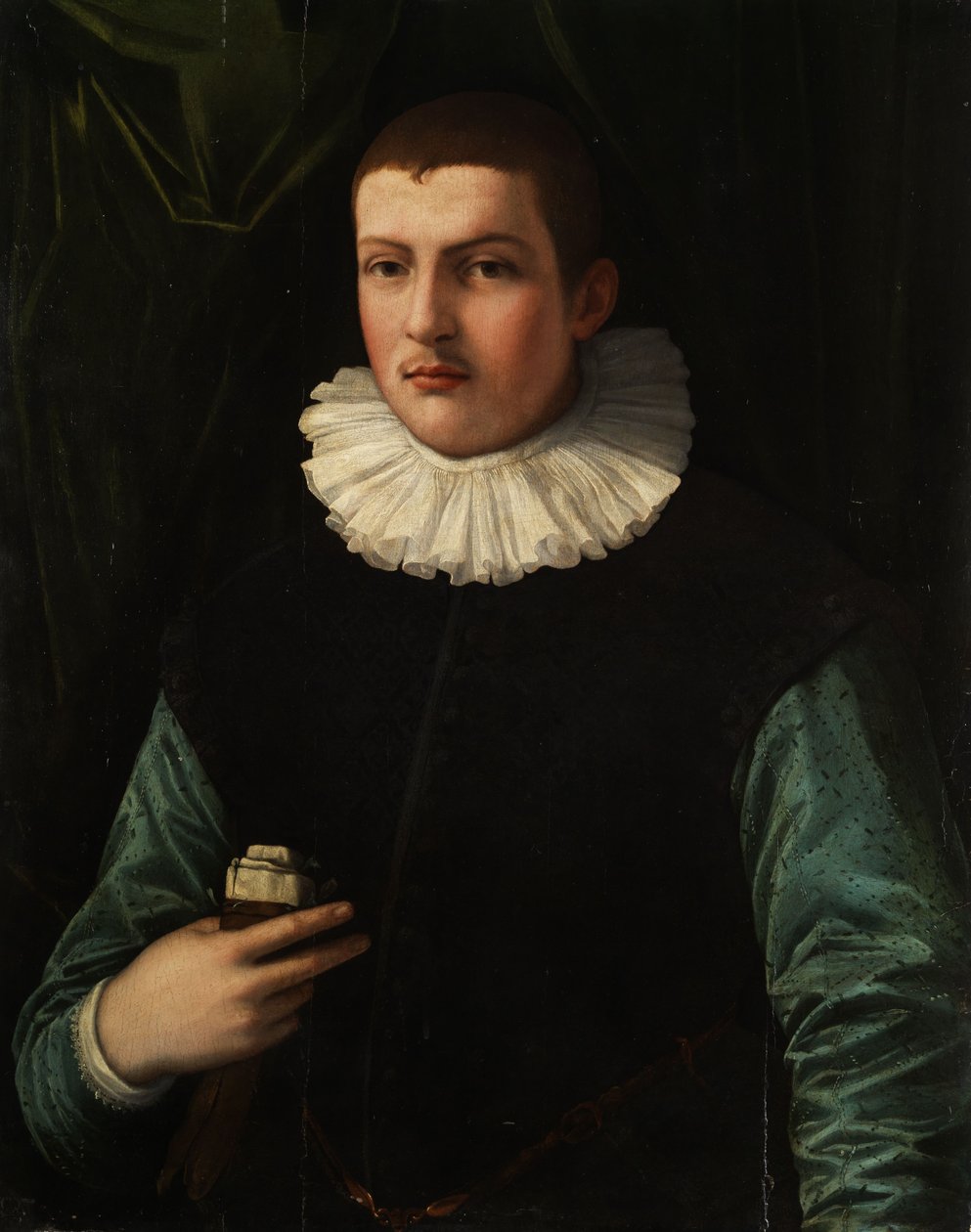 Portret młodego mężczyzny z kryzą i rękawiczkami w prawej ręce. autorstwa Francesco Traballesi