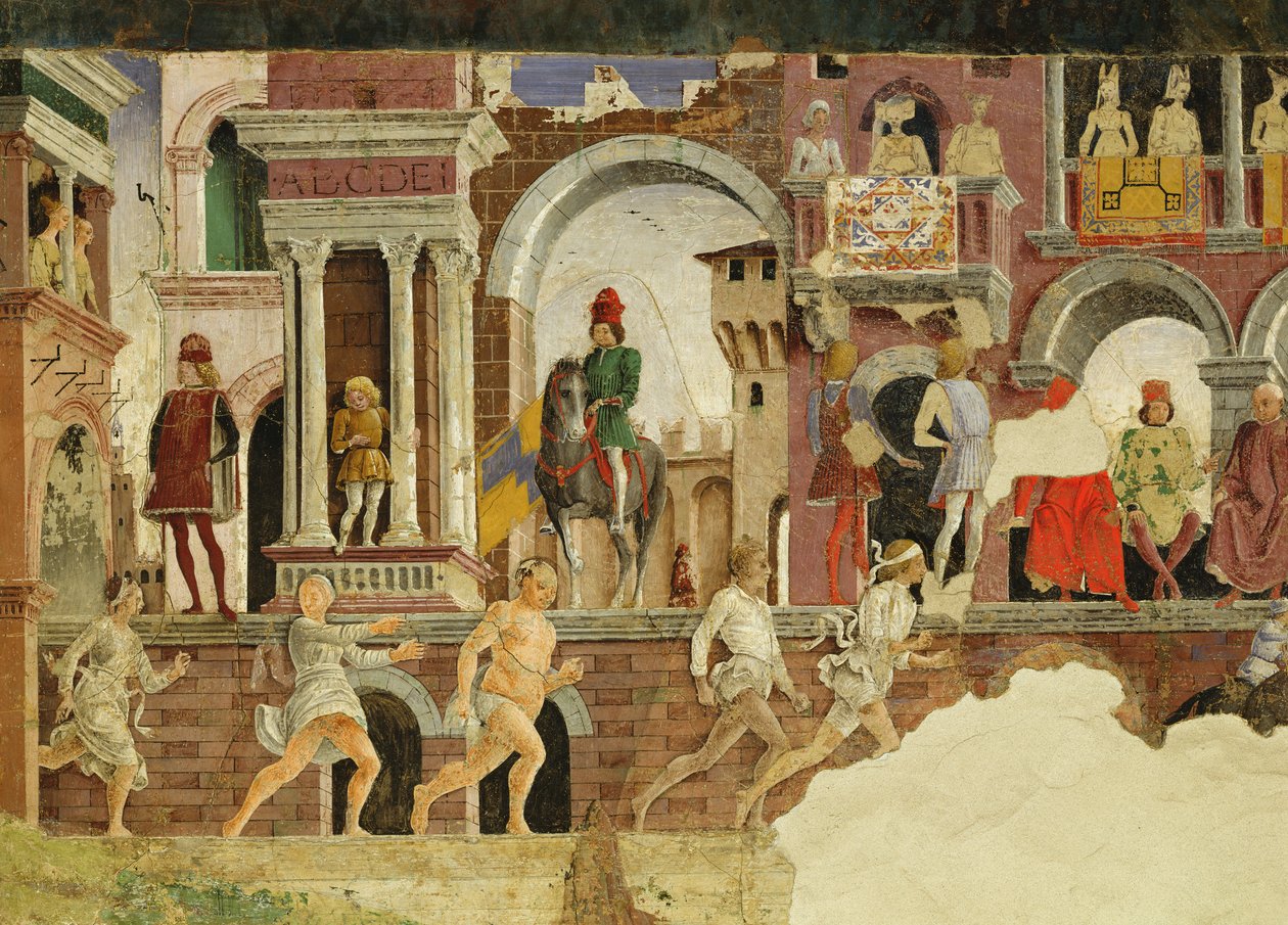 Alegoria kwietnia: przedstawienie na placu Borso dEste, fragment biegnących pieszych, 1469-70, fresk autorstwa Francesco del Cossa