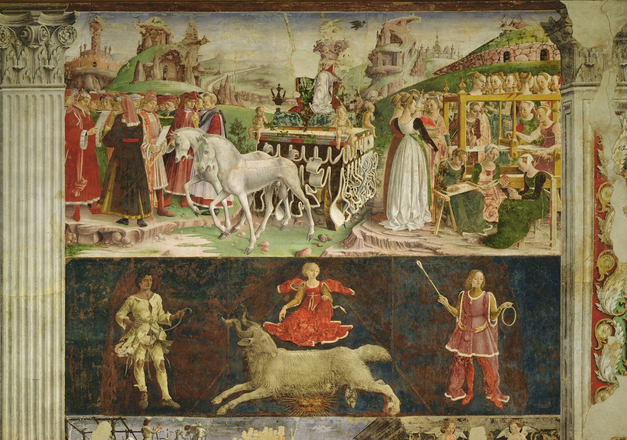 Alegoria Marca: Triumf Minerwy i astrologiczny symbol Barana, 1469-70, autorstwa Francesco del Cossa
