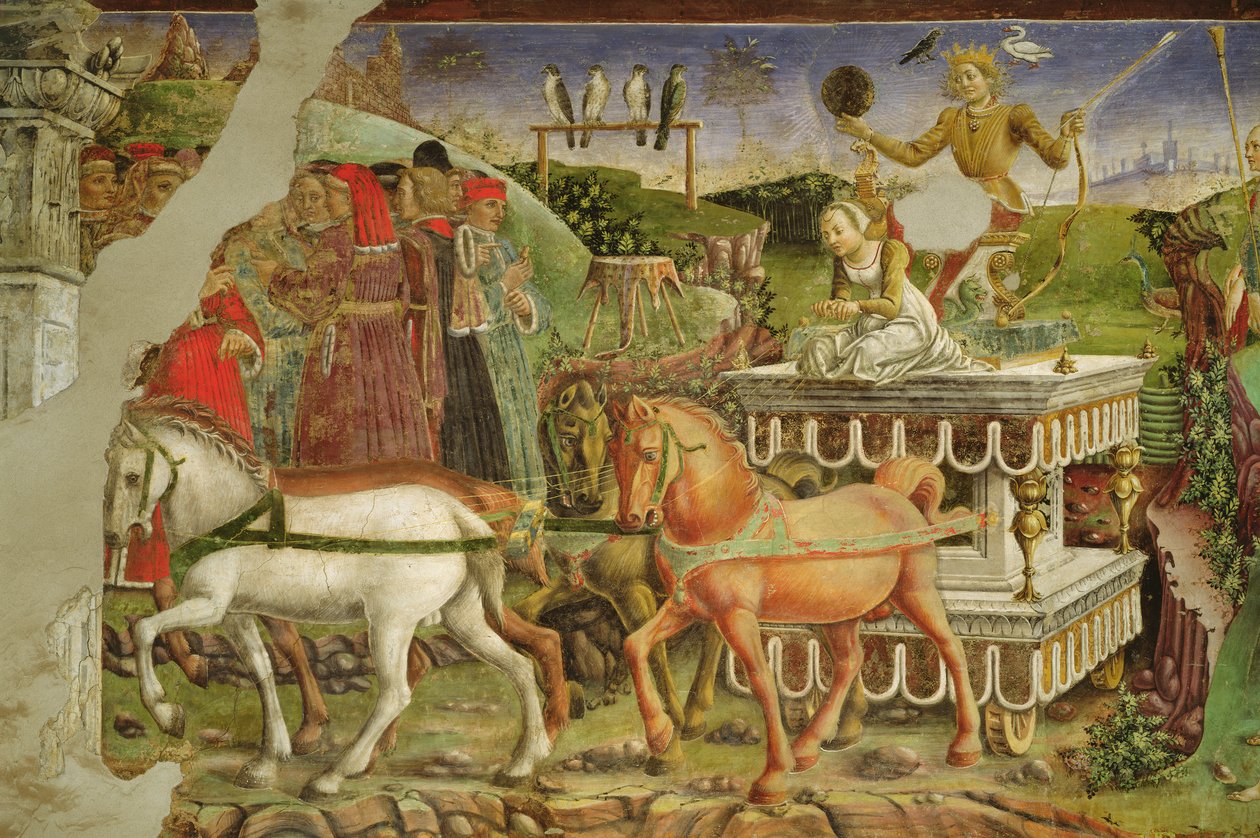 Alegoria maja: rydwan Apolla ciągnięty przez konie i prowadzony przez Aurorę, fragment Triumfu Apolla, 1469-70, autorstwa Francesco del Cossa