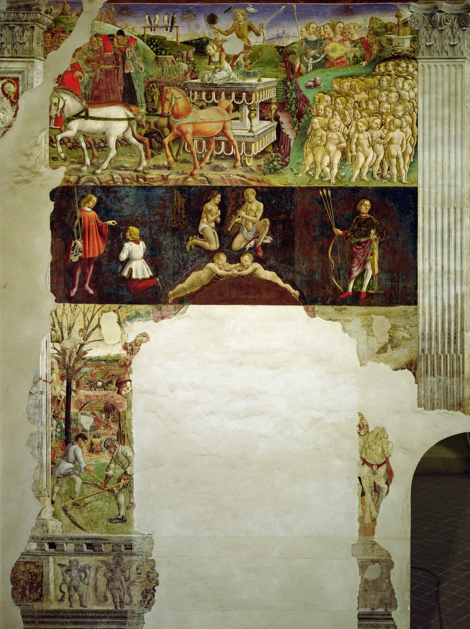 Alegoria maja: Astrologiczne symbole Bliźniąt i Triumfu Apolla, Francesco del Cossa, 1469 - 1470, XV wiek, fresk autorstwa Francesco del Cossa
