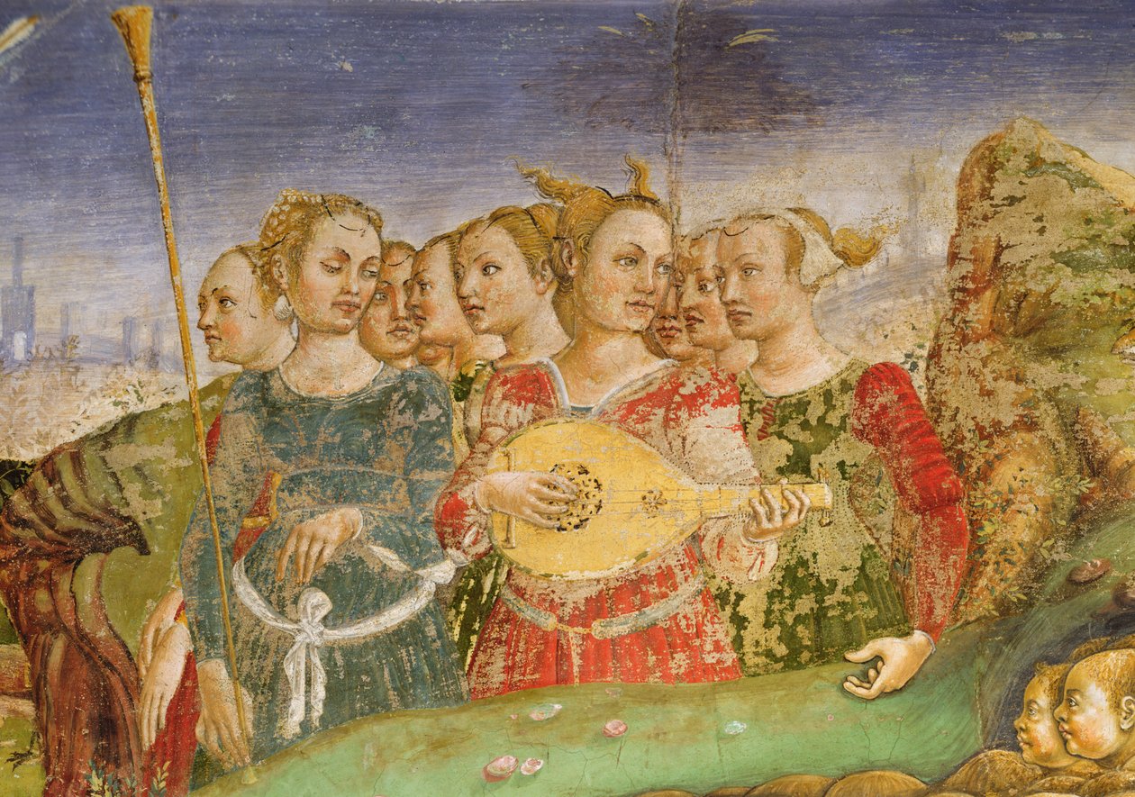Alegoria Maja: Triumf Apolla, fragment grupy młodych dziewcząt z lutnistą, 1469-70, autorstwa Francesco del Cossa