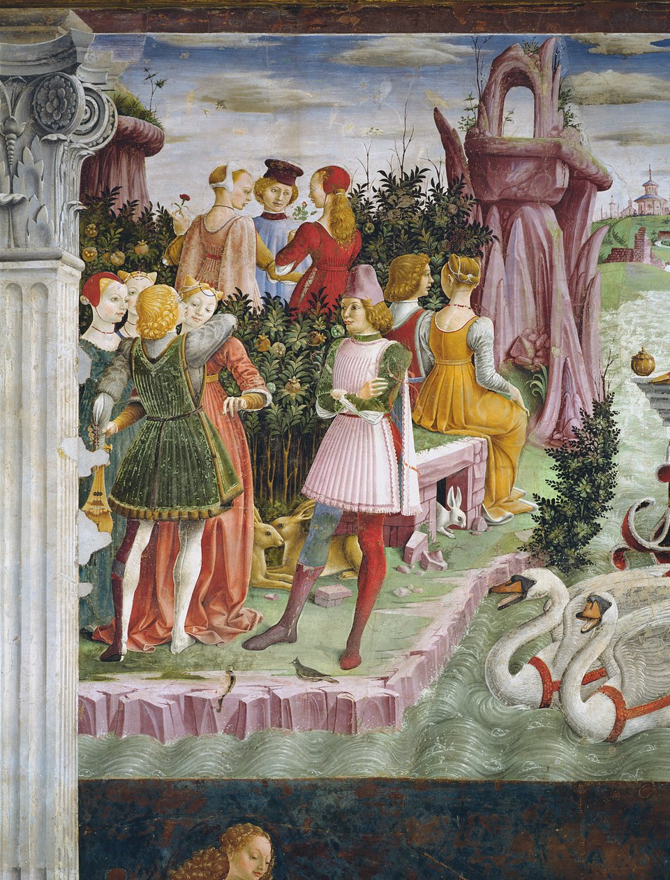 Triumf Wenus: Kwiecień z Sali Miesięcy, detal z lewej strony, ok. 1467-70 autorstwa Francesco del Cossa
