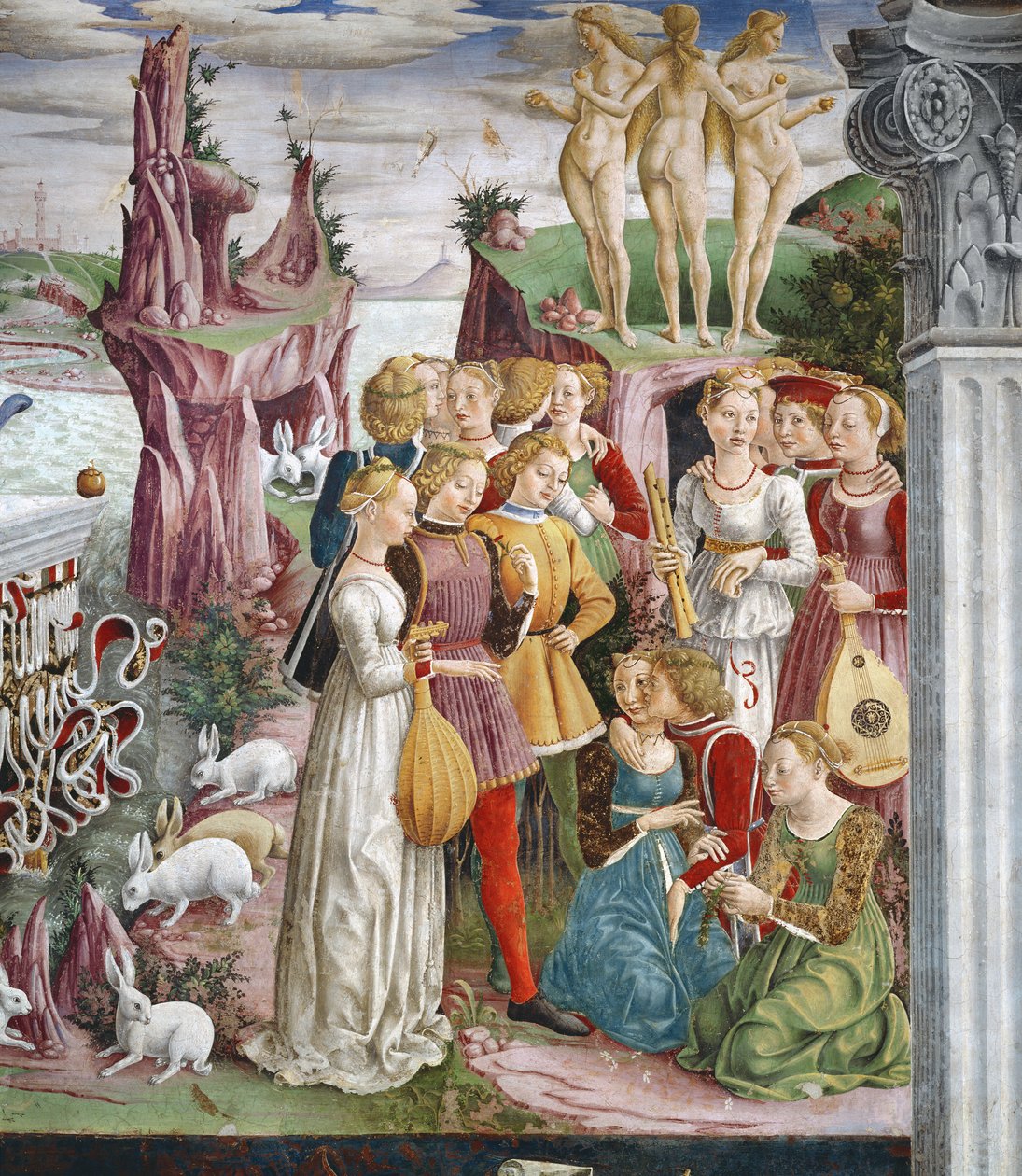 Triumf Wenus: kwiecień z Pokoju Miesięcy, fragment grupy muzyków, ok. 1467-70 autorstwa Francesco del Cossa