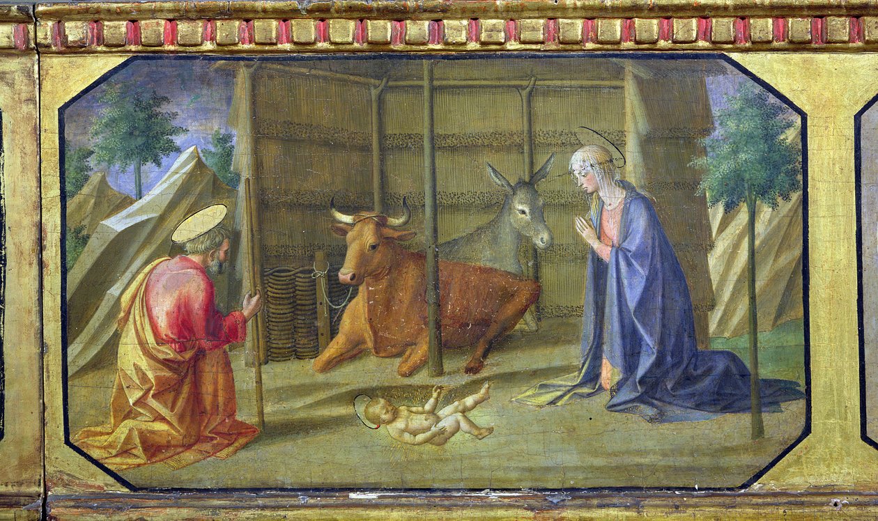 Narodzenia, szczegół panelu predella z Madonny z Dzieciątkiem na tronie Filippo Lippi (ok. 1406-69) (tempera na panelu) (patrz także 85689, 85691 i 85693) autorstwa Francesco di Stefano Pesellino