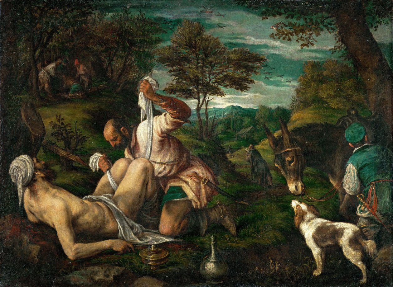 Le bon samaritain - Przypowieść o dobrym Samarytaninie autorstwa Bassano Francesco Młodszego (1549-1592). Olej na płótnie, ca. 1575. Wymiar : 73x98,4 cm. Muzeum Historii Sztuki, Wiedeń autorstwa Francesco Bassano