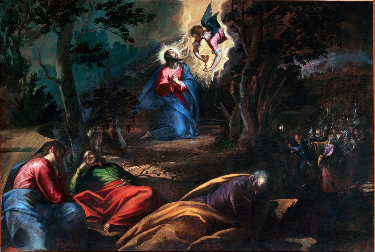 Modlitwa w ogrodzie drzew oliwnych Po prawej Judasz z żołnierzami przybywa, aby zatrzymać Jezusa Chrystusa. Obraz Francesco Bassano młodego (ok. 1549-1592) Wenecja, Chiesa del Redentore, Włochy autorstwa Francesco Bassano