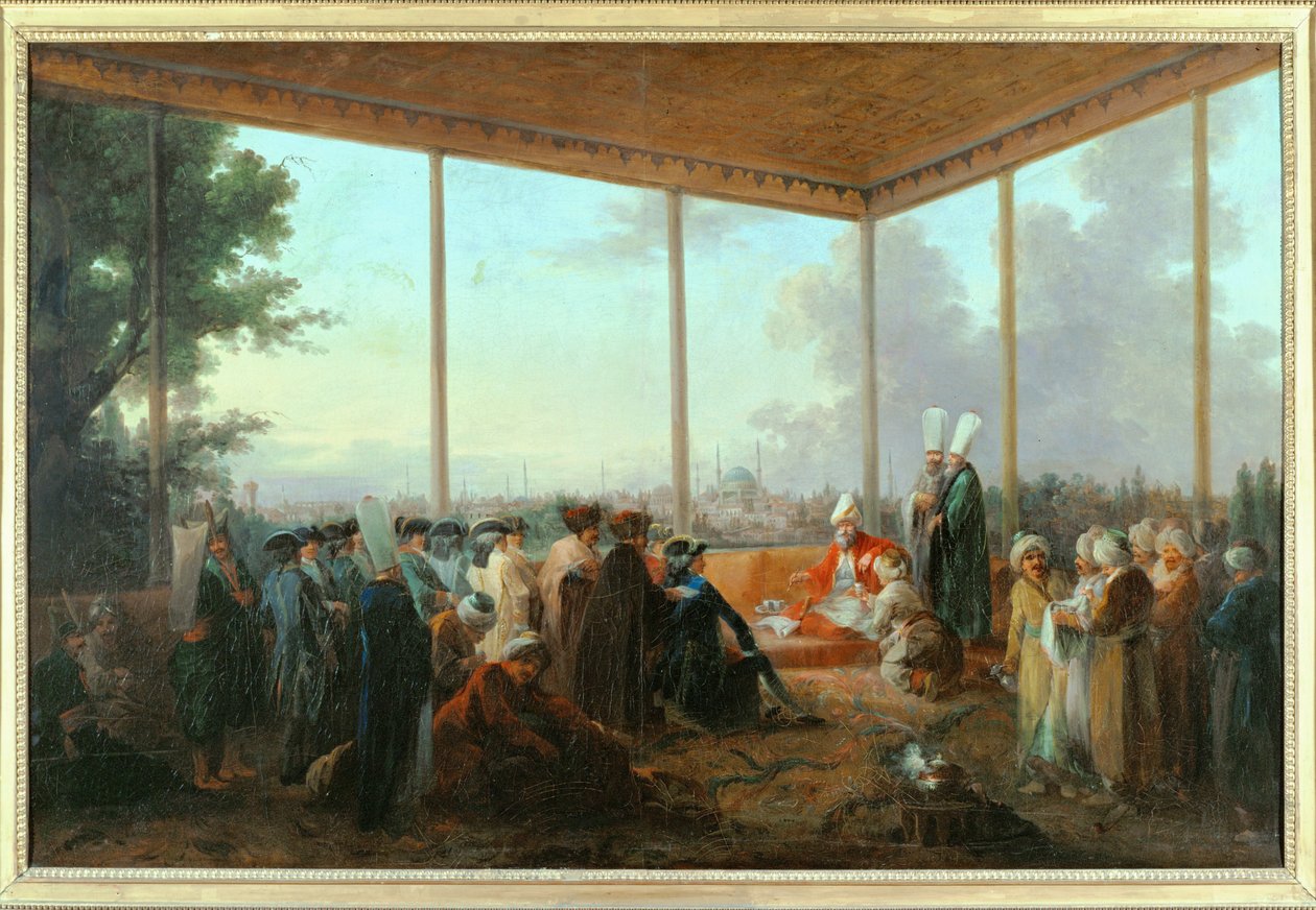 Audiencja udzielona hrabiemu Saint-Priest przez wielkiego wezyra Aimali Caraca, 18 marca ... (obraz na płótnie) autorstwa Francesco (after) Casanova