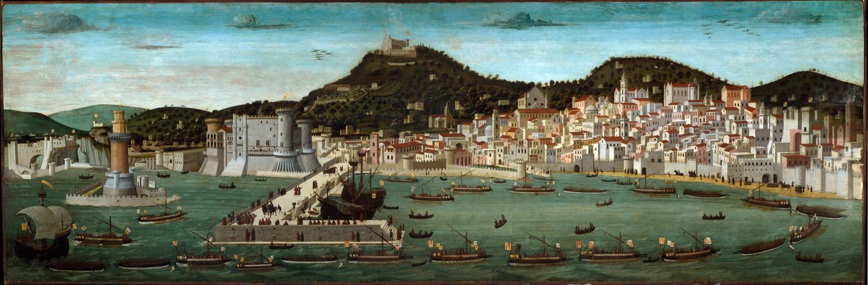 Tavola Strozzi: powrót floty aragońskiej zwycięskiej w bitwie pod Ischią w 1465 (tempera na drewnie autorstwa Francesco (attr.) Rosselli