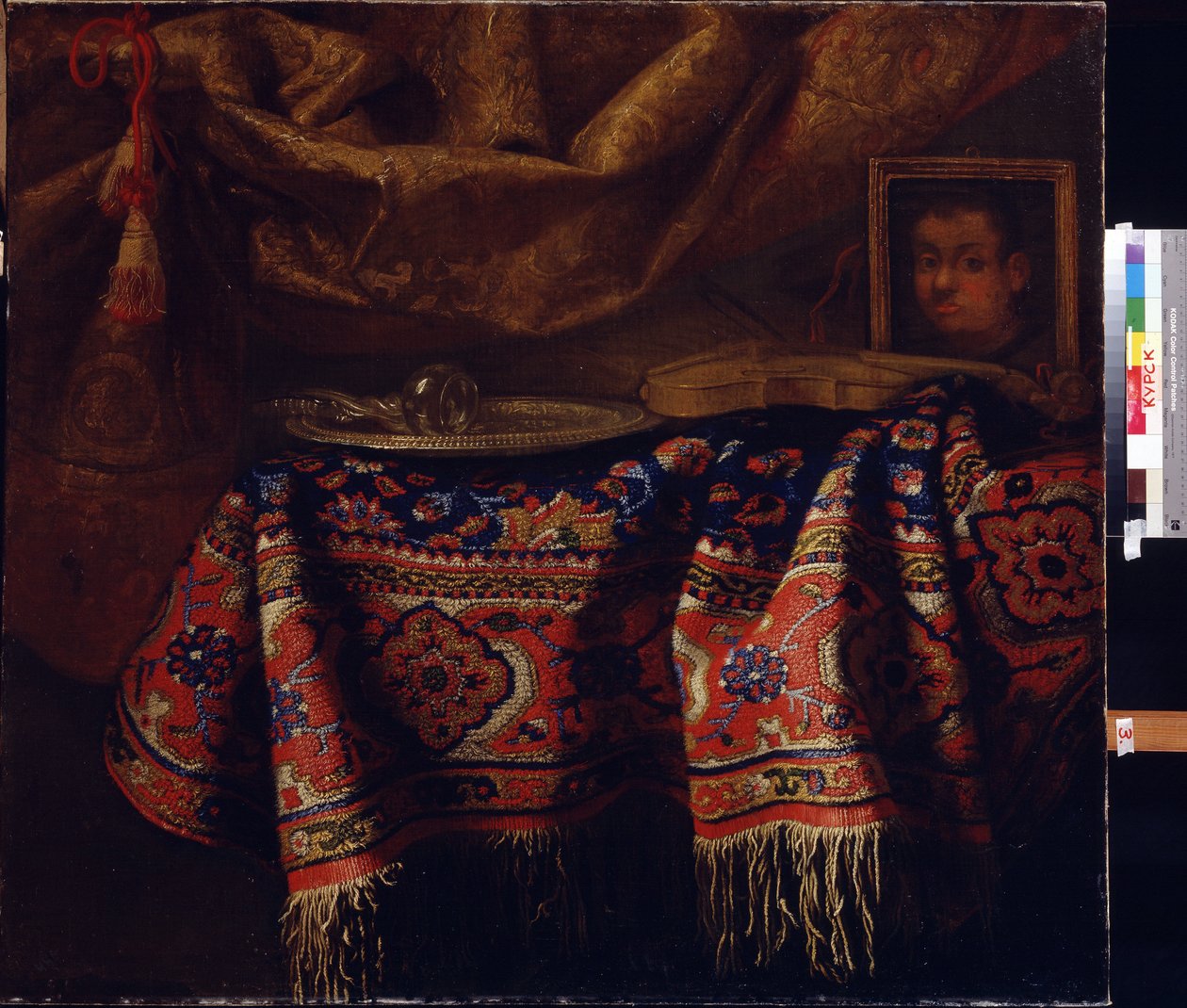Martwa natura z autoportretem. (Martwa natura z autoportretem). Obraz Francesco Fieravino (między 1610 a 1660). Sztuka włoska, styl barokowy. Regionalna Galeria Sztuki im. A. Deineki, Kursk, Rosja autorstwa Francesco (b.1640) Fieravino