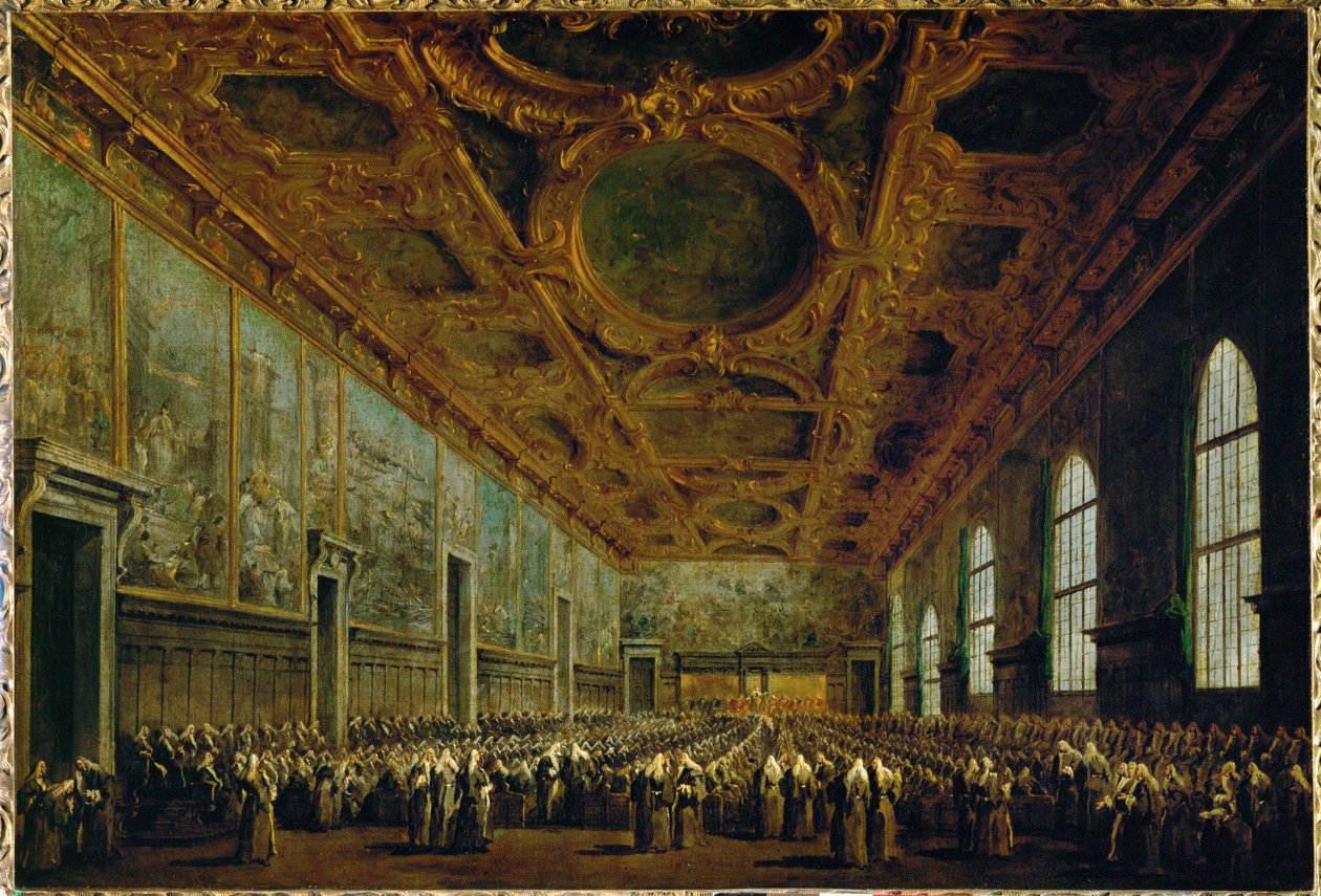 Po wyborze, doża dziękuje Wielkiej Radzie w Sali Wielkiej Rady Pałacu Dożów w Wenecji, we Włoszech ... autorstwa Francesco (circle of) Guardi