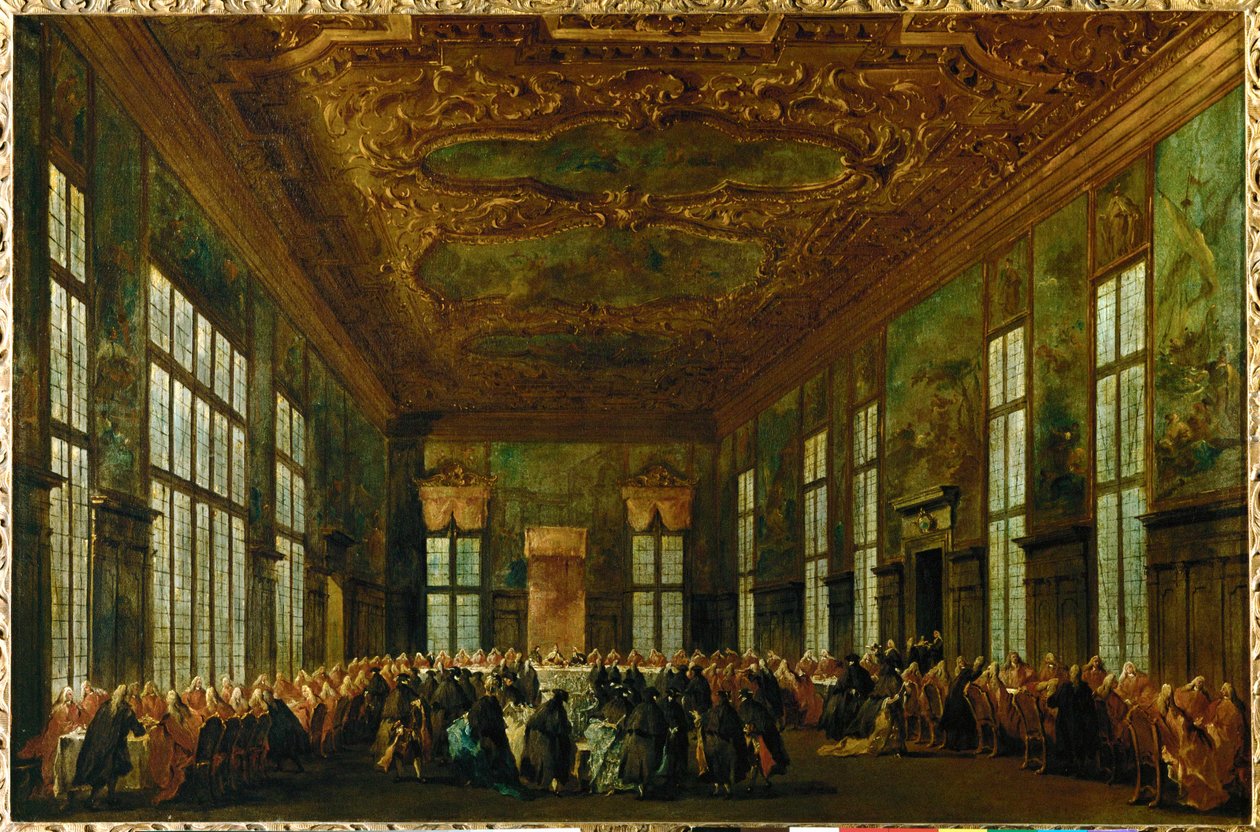 Uroczysty posiłek w Pałacu Dożów w Sali Wielkiej Rady, Doge siedzi w centrum tła ... autorstwa Francesco (circle of) Guardi
