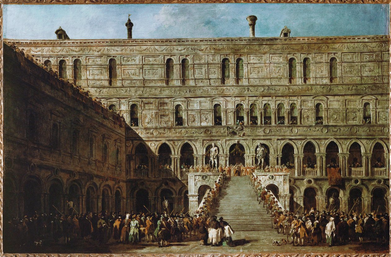 Koronacja doży Wenecji na schodach gigantów pałacu książęcego ... autorstwa Francesco (circle of) Guardi