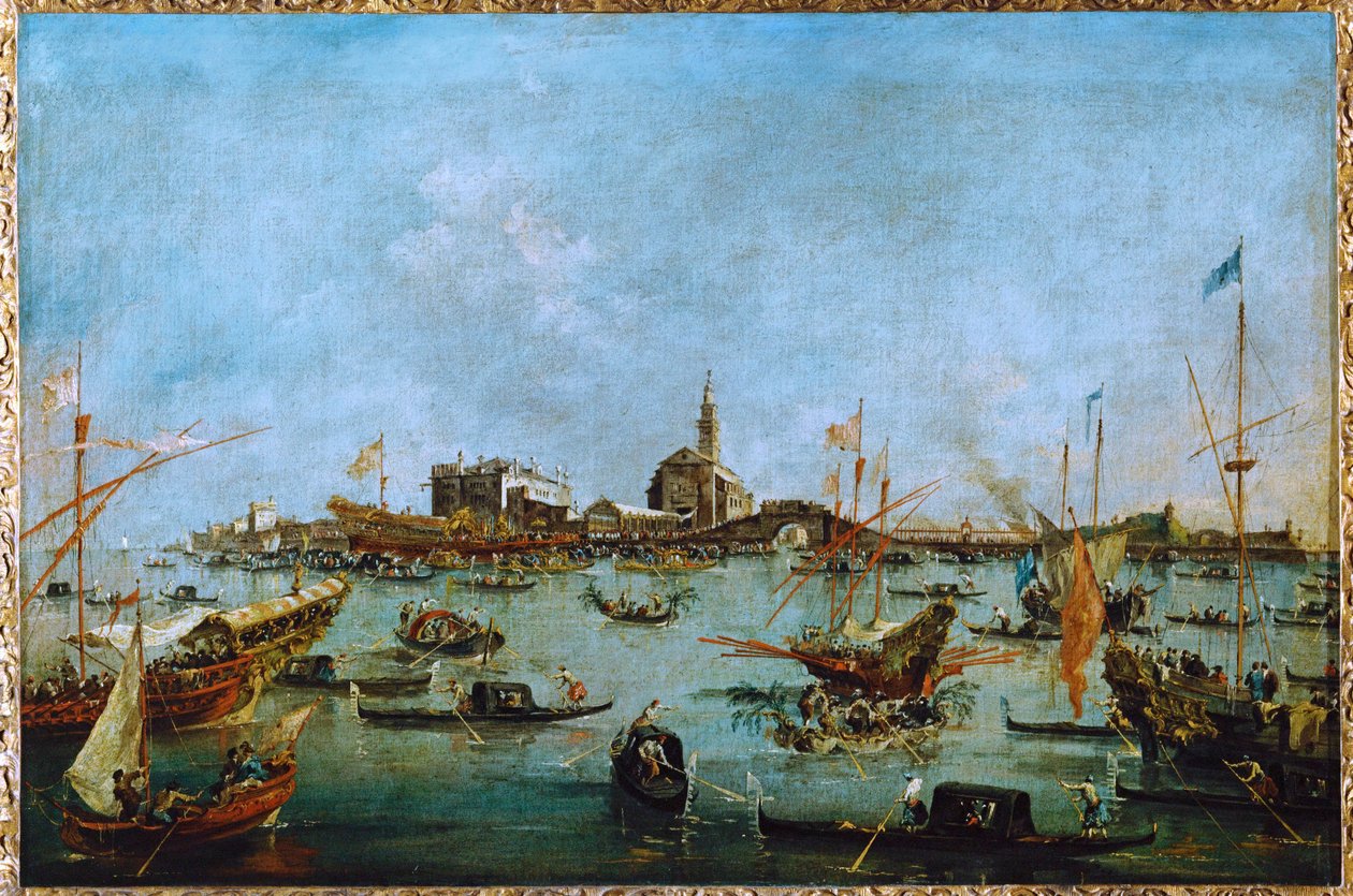 Doge, w swojej złotej gondoli, Bucintoro, mija San Niccolo del Lido ... autorstwa Francesco (circle of) Guardi