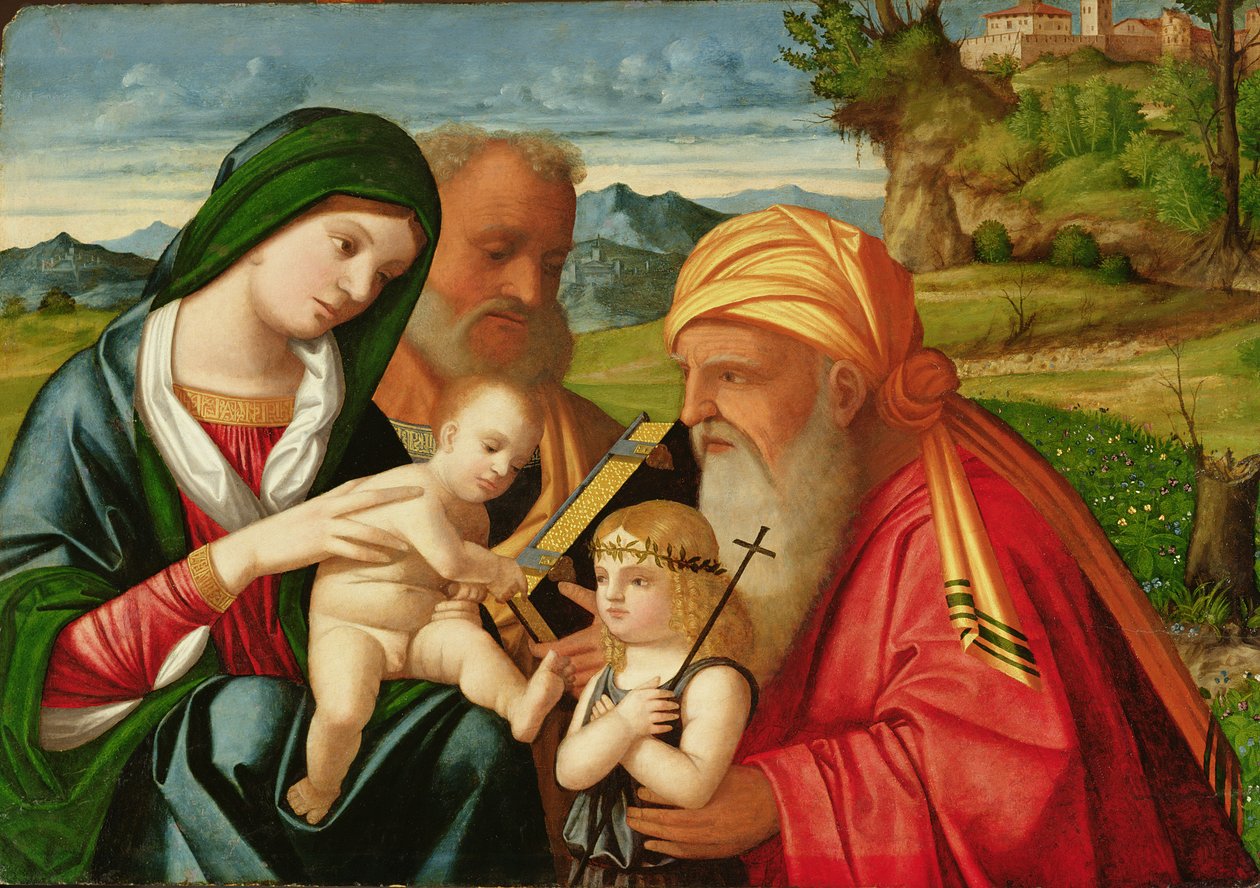 Święta Rodzina ze św. Symeonem i Janem Chrzcicielem, początek XVI wieku (olej na płycie) autorstwa Francesco (fl.1508 45) Rizzi da Santacroce