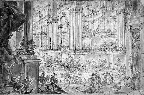 Wypędzenie Heliodora ze Świątyni (pióro i atrament) autorstwa Francesco (fl.1709 43) Peresi