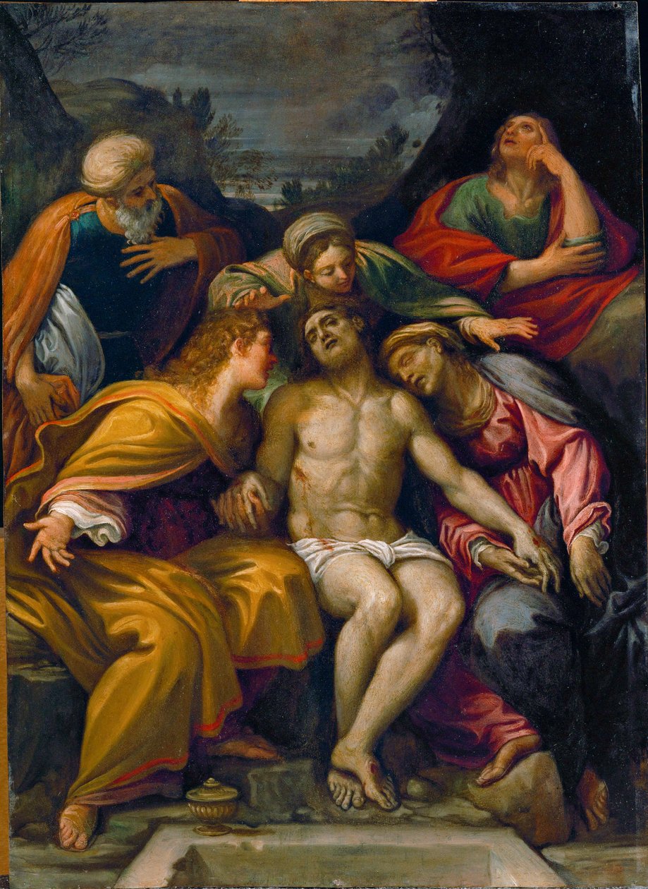 Deploracja, ze świętym Janem Apostołem, świętą Magdaleną, Marią Salomeą, Józefem z Arymatei i świętą Marią ... autorstwa Francesco Albani