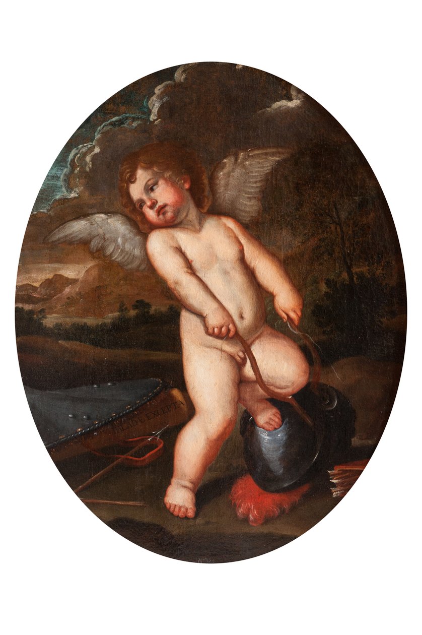 Skrzydlaty Putto łamie instrumenty Minerwy autorstwa Francesco Albani