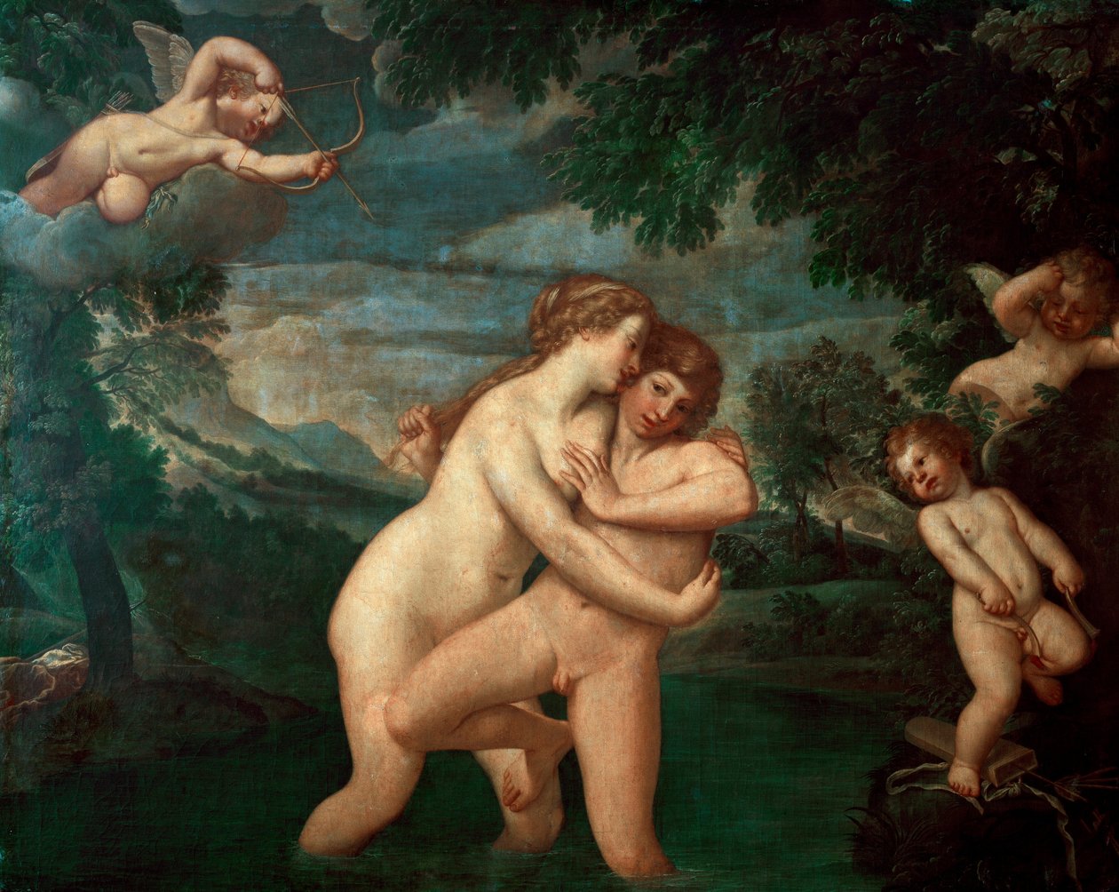 Salmacis w wannie odpychany przez Hermafrodytę Nimfa Salmacis, eprise syna Hermesa i Afrodyty, odrzuca jego zaloty - Obraz Francesco Albani dit l