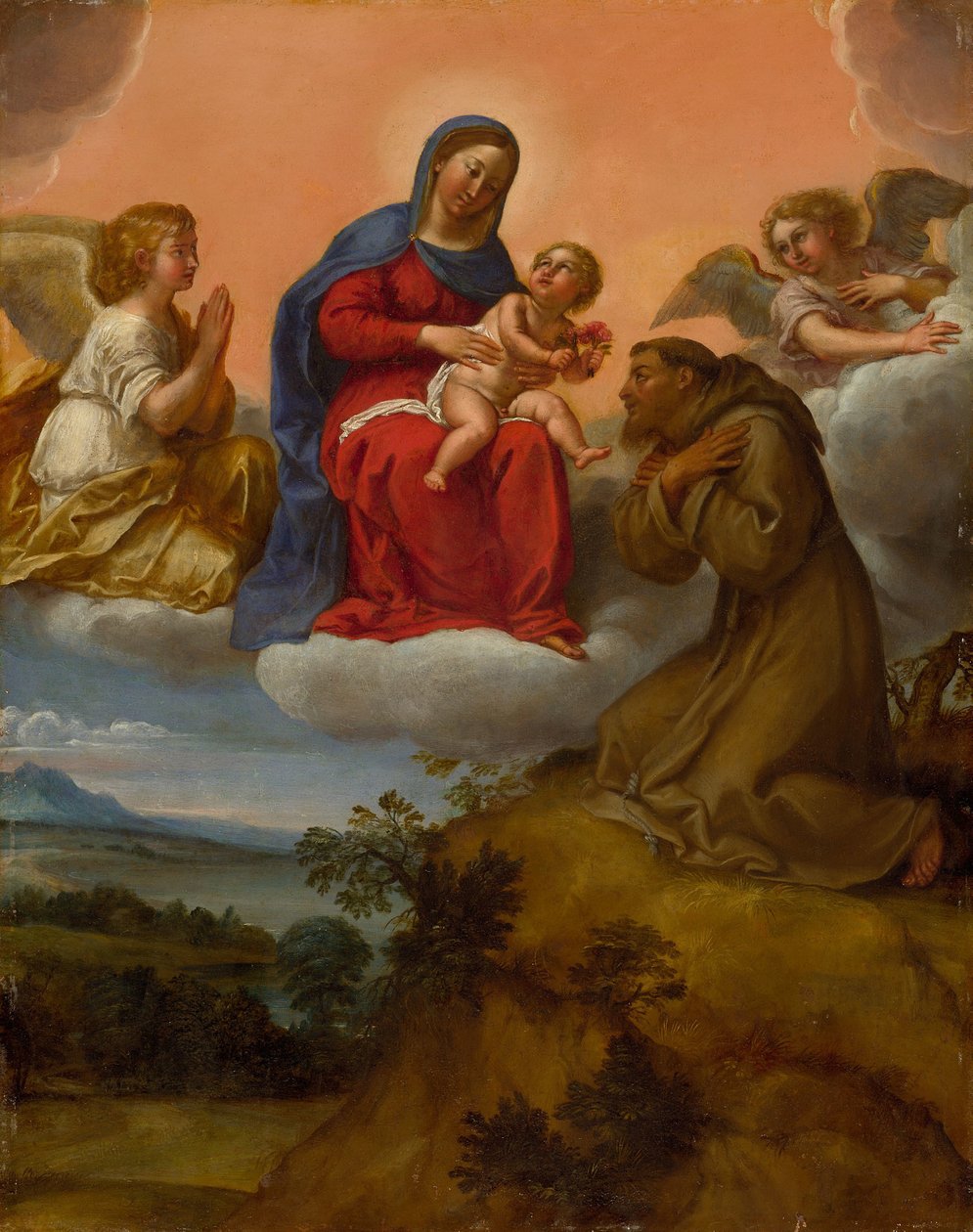 Dziewica z Dzieciątkiem adorowana przez świętego Franciszka, ok. 1600-07 (olej na miedzi) autorstwa Francesco Albani