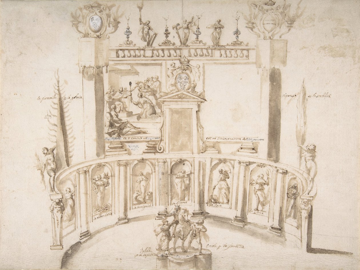 Projekt na festyn ogrodowy z półokrągłą ścianą i posągami w niszach, ok. godz. 1635-79. autorstwa Francesco Allegrini