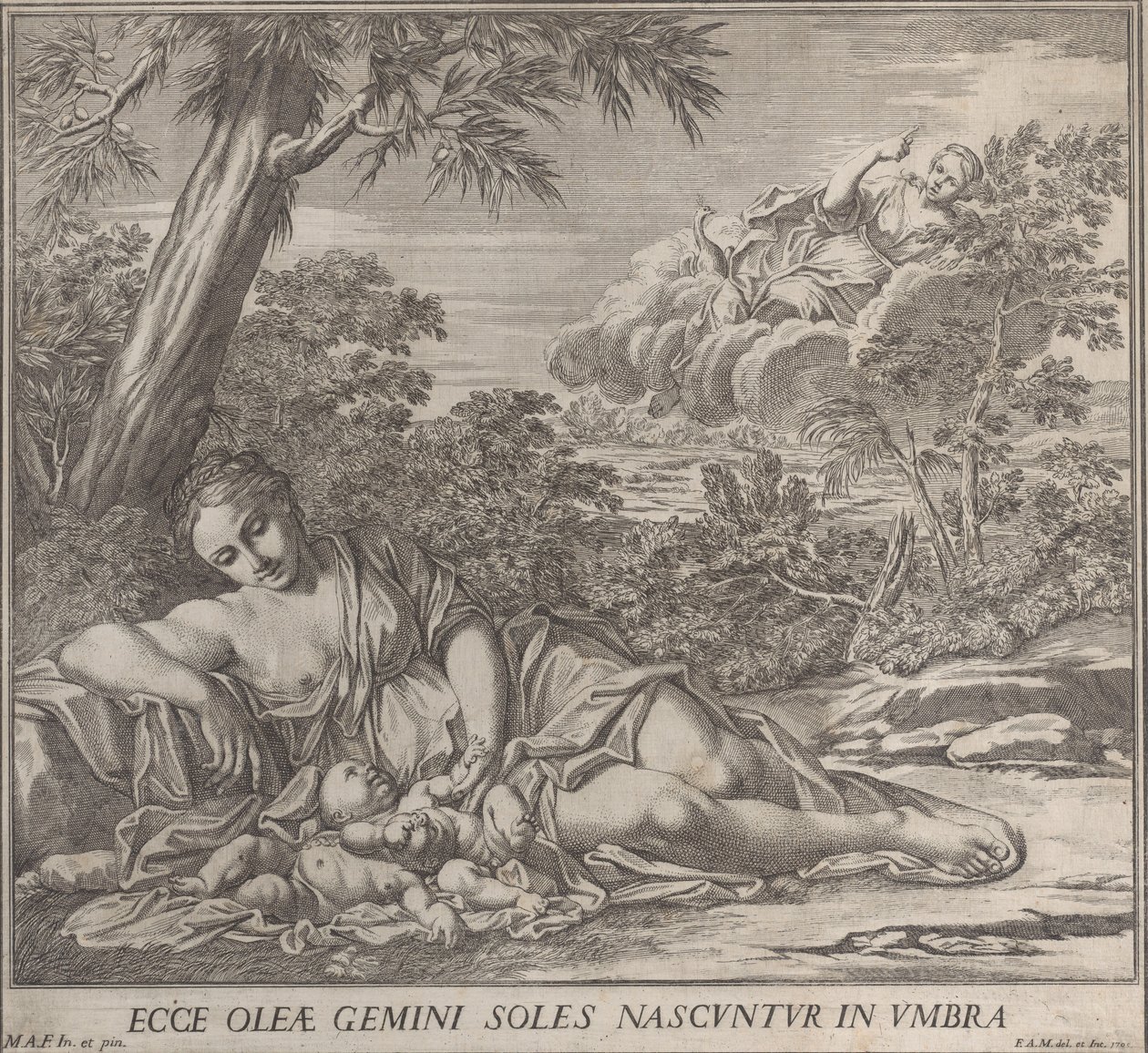Latona i jej śpiące bliźniaki, Apollo i Diana, w krajobrazie, 1705. autorstwa Francesco Antonio Meloni