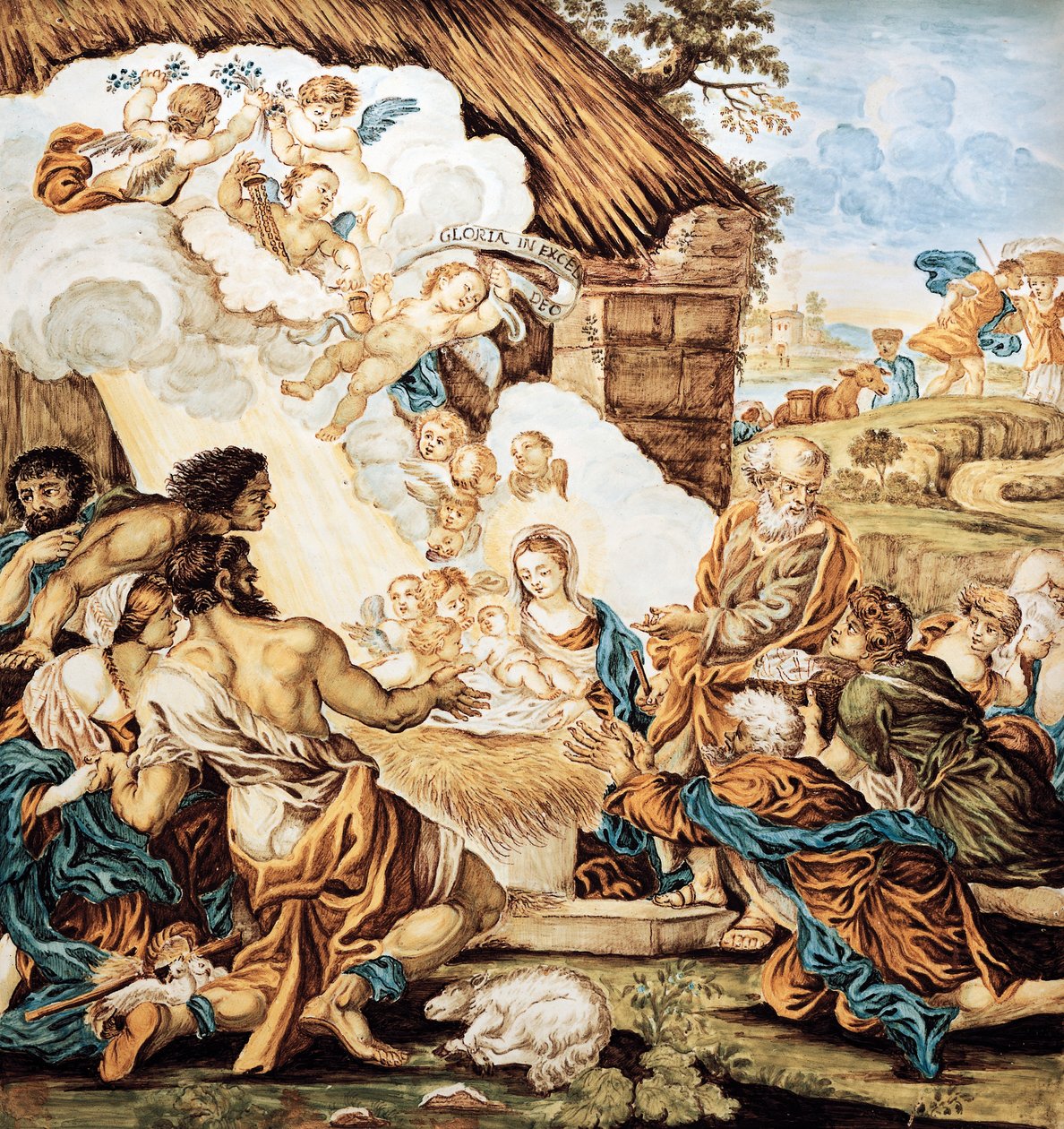 Szopka, malowana płyta z majoliki, Francesco Antonio Xaverio Grue (1686-1746), manufaktura Abruzzo Castelli, Włochy autorstwa Francesco Antonio Xaverio Grue