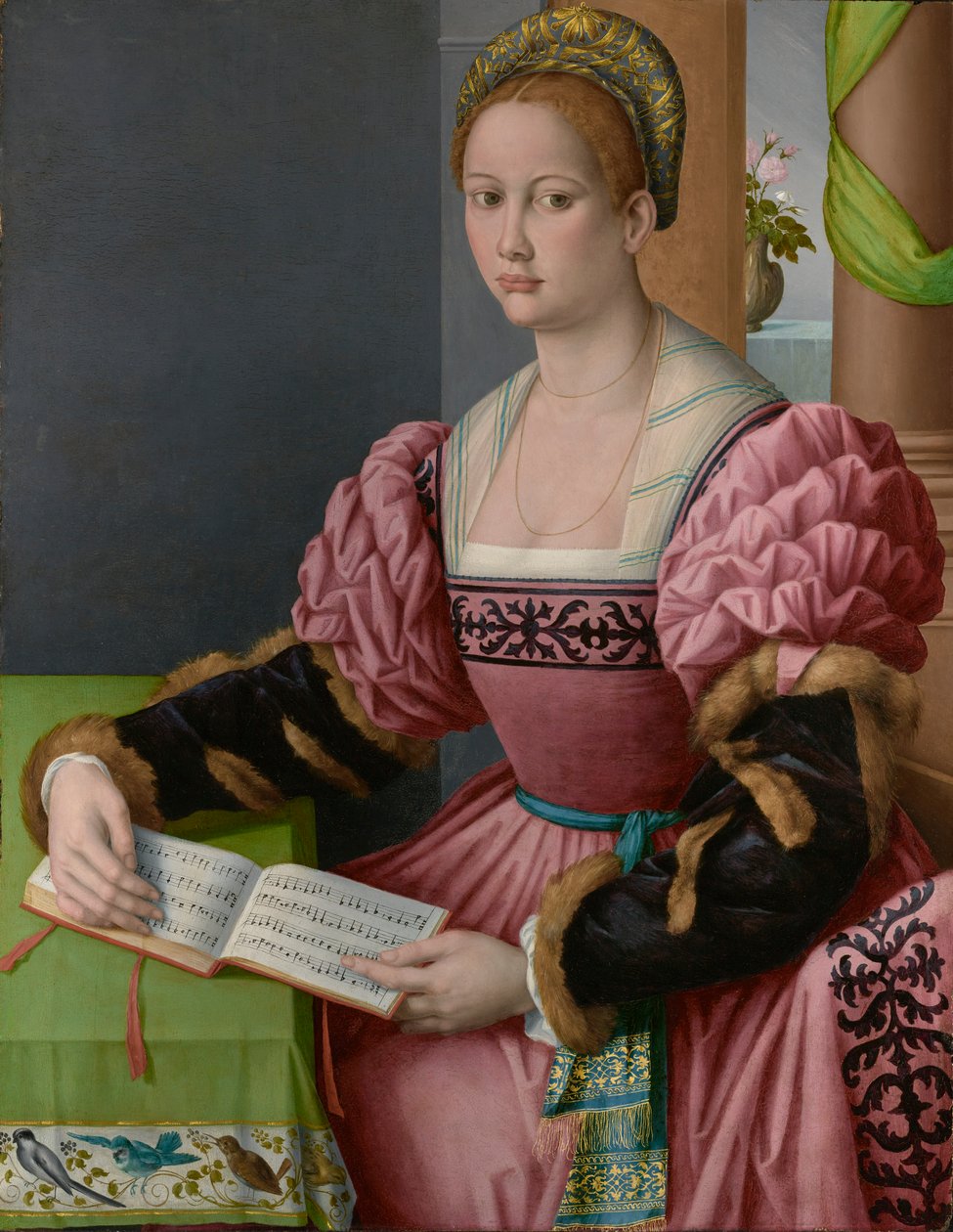 Portret kobiety z książką muzyczną autorstwa Francesco Ubertini Bacchiacca