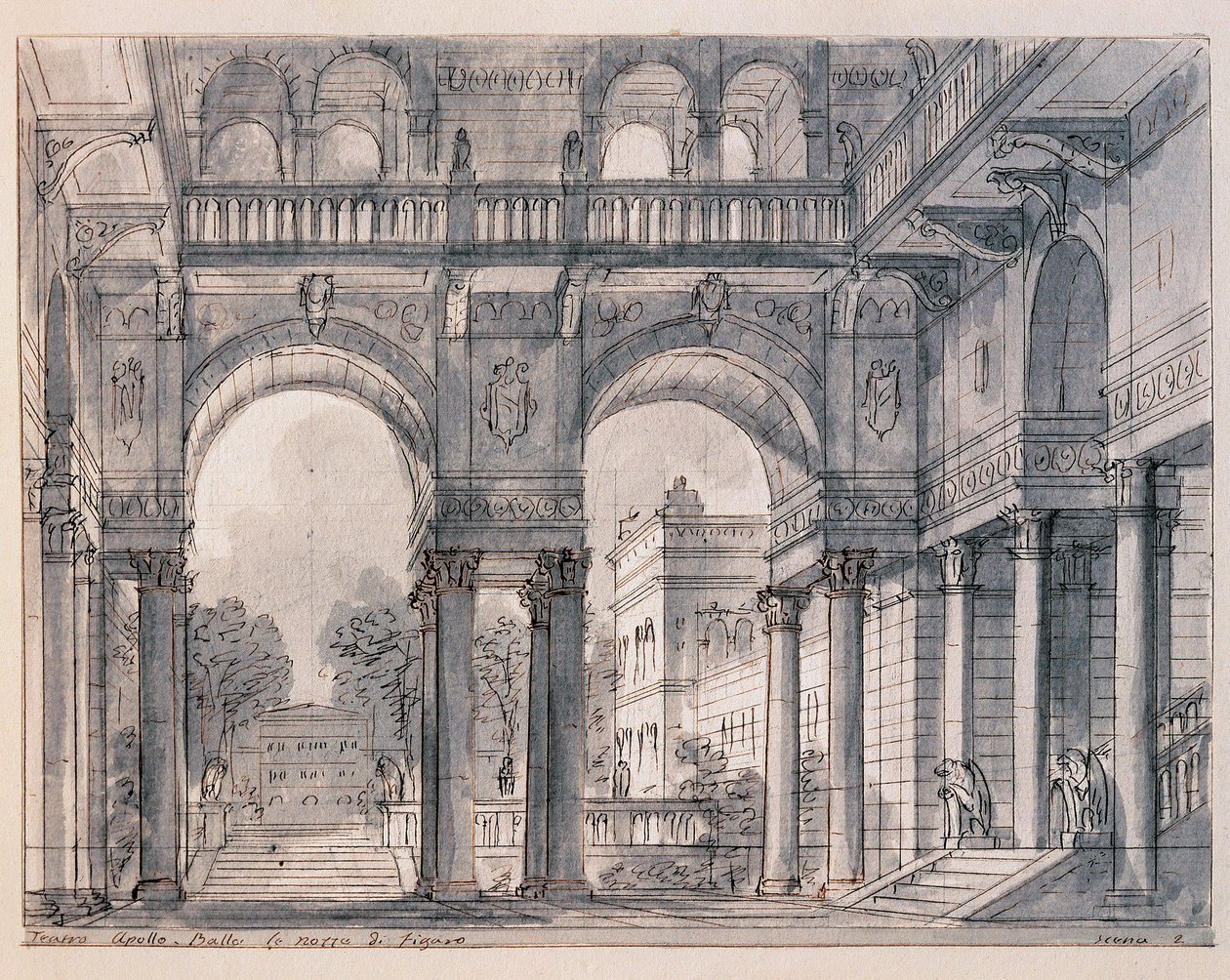 Scenografia do drugiej sceny „Les noces de Figaro” Wolfanga Amadeusza Mozarta (1756-1791) w reżyserii scenografa Francesco Bagnara (1784-1866) 1820-1839 Venice Museo Correr autorstwa Francesco Bagnara