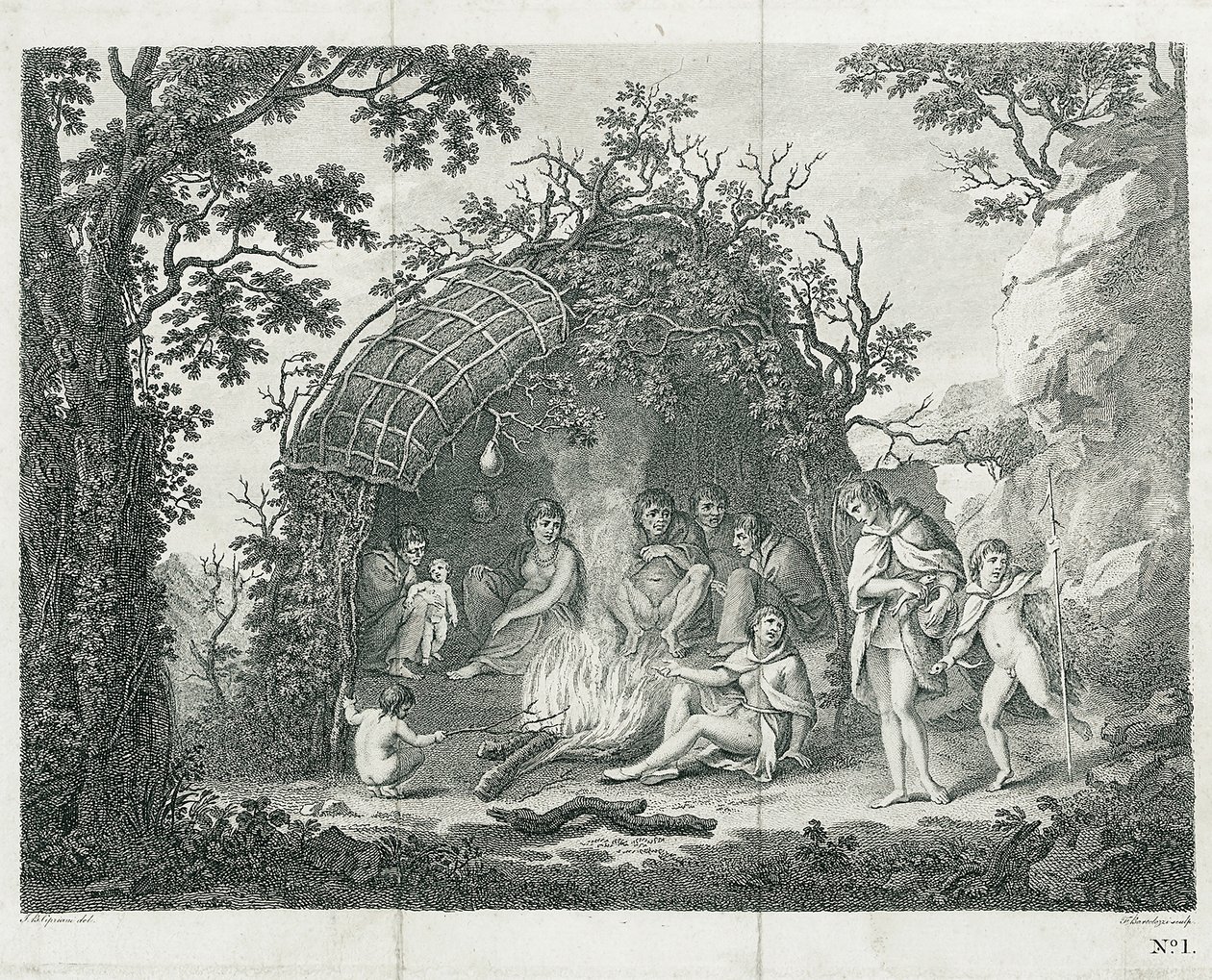 Widok Indian z Terra del Fuego w ich chacie (bez tytułu) autorstwa Francesco Bartolozzi