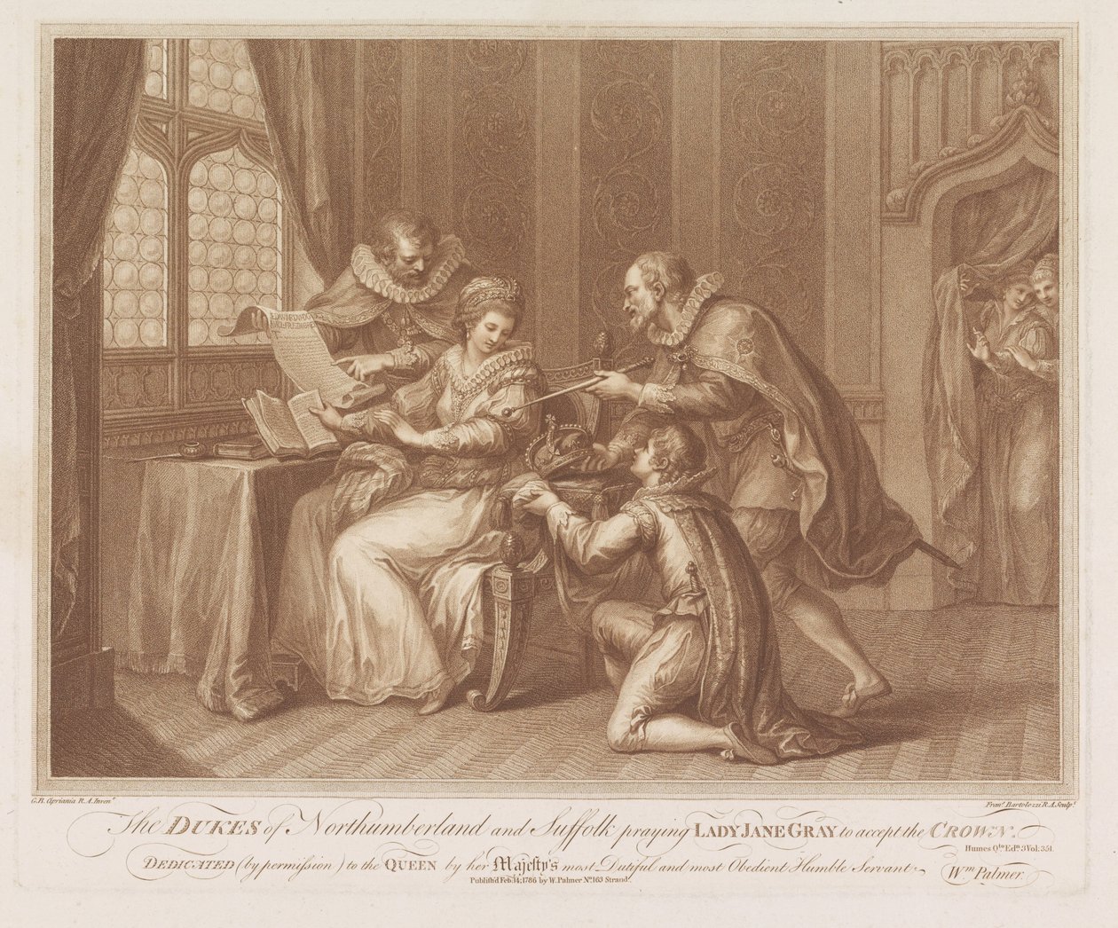Książęta Northumberland i Suffolk proszą lady Jane Gray o przyjęcie korony Książęta Northumberland i Suffolk modlą się do Lady Jane Gray o przyjęcie korony (tytuł na obiekcie) autorstwa Francesco Bartolozzi