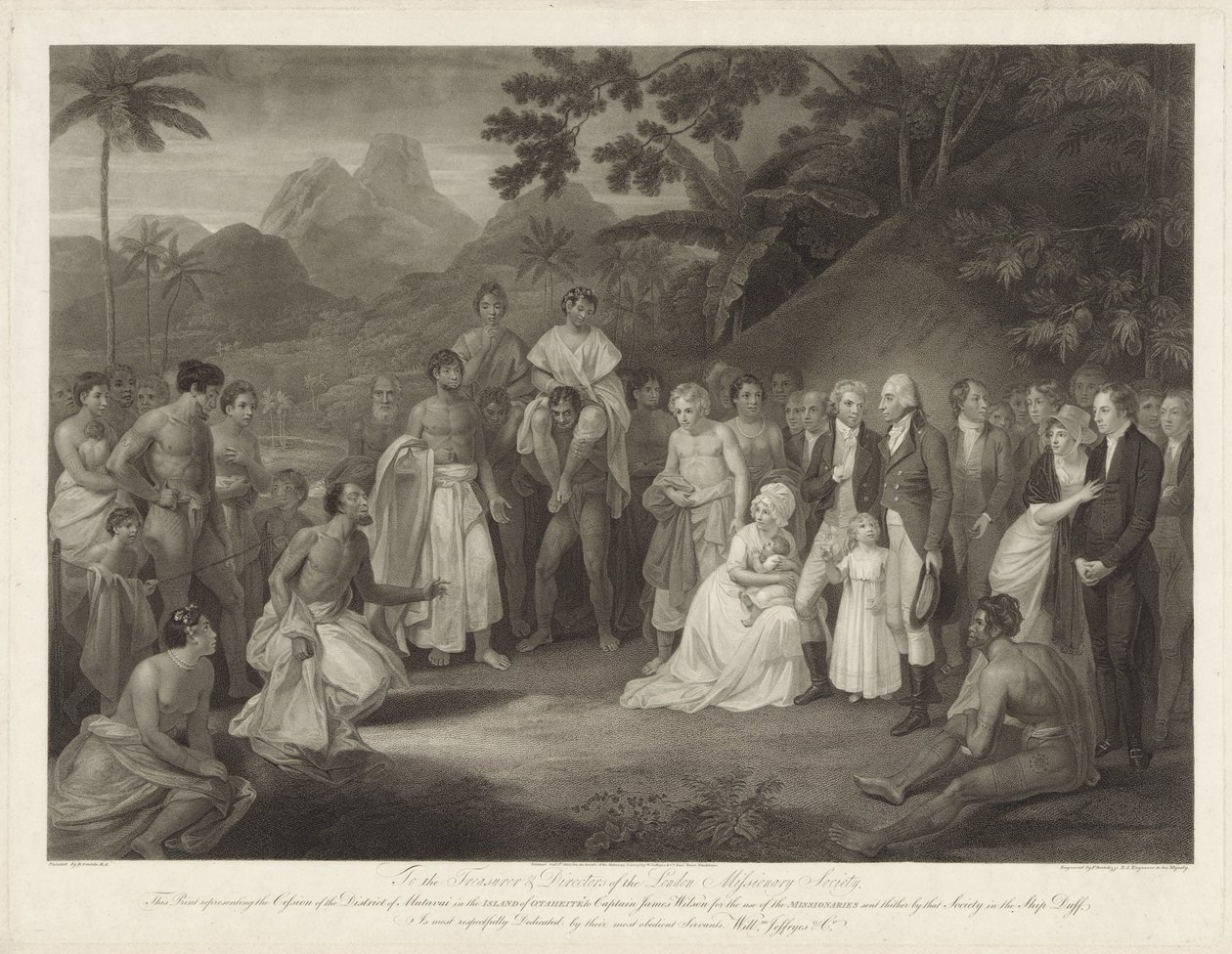 Kapitein James Wilson op het eiland Otaheité Cesja Matavai (na Tahiti) kapitanowi Jamesowi Wilson Cesja dystryktu Matavai na wyspie Otaheite kapitanowi Jamesowi Wilsonowi na użytek misjonarzy wysłanych tam przez to stowarzyszenie autorstwa Francesco Bartolozzi