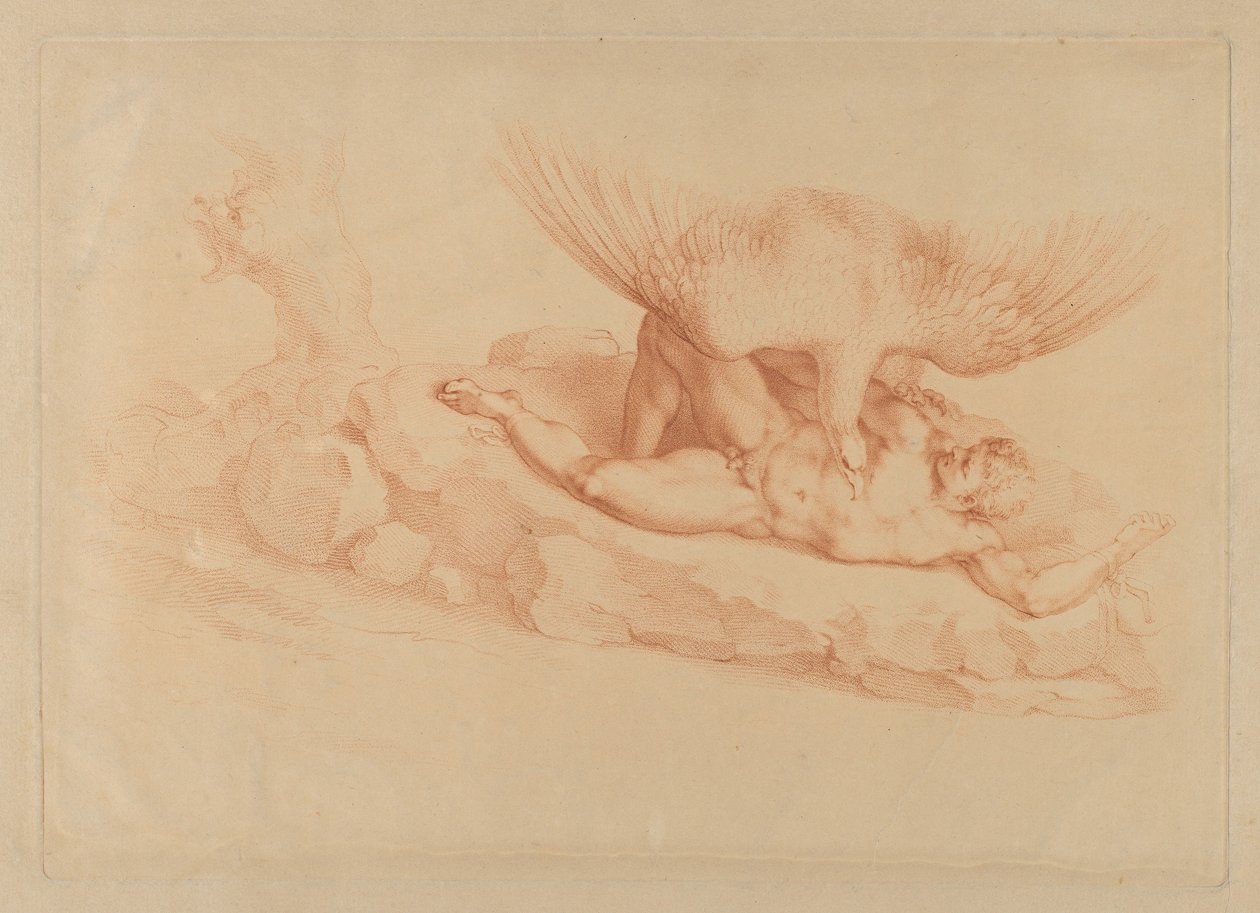 Prometeusz, nagi, przykuty do skały, patrzący na stojącego nad nim orła, 1795. autorstwa Francesco Bartolozzi