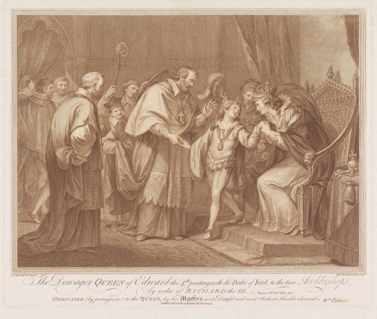 Weduwe van Edward IV stan haar zoon aan twee aartsbisschoppen af Wdowa Królowa Edwarda IV rozstanie z księciem Yorku z dwoma arcybiskupami z rozkazu Ryszarda III (tytuł na obiekcie) autorstwa Francesco Bartolozzi