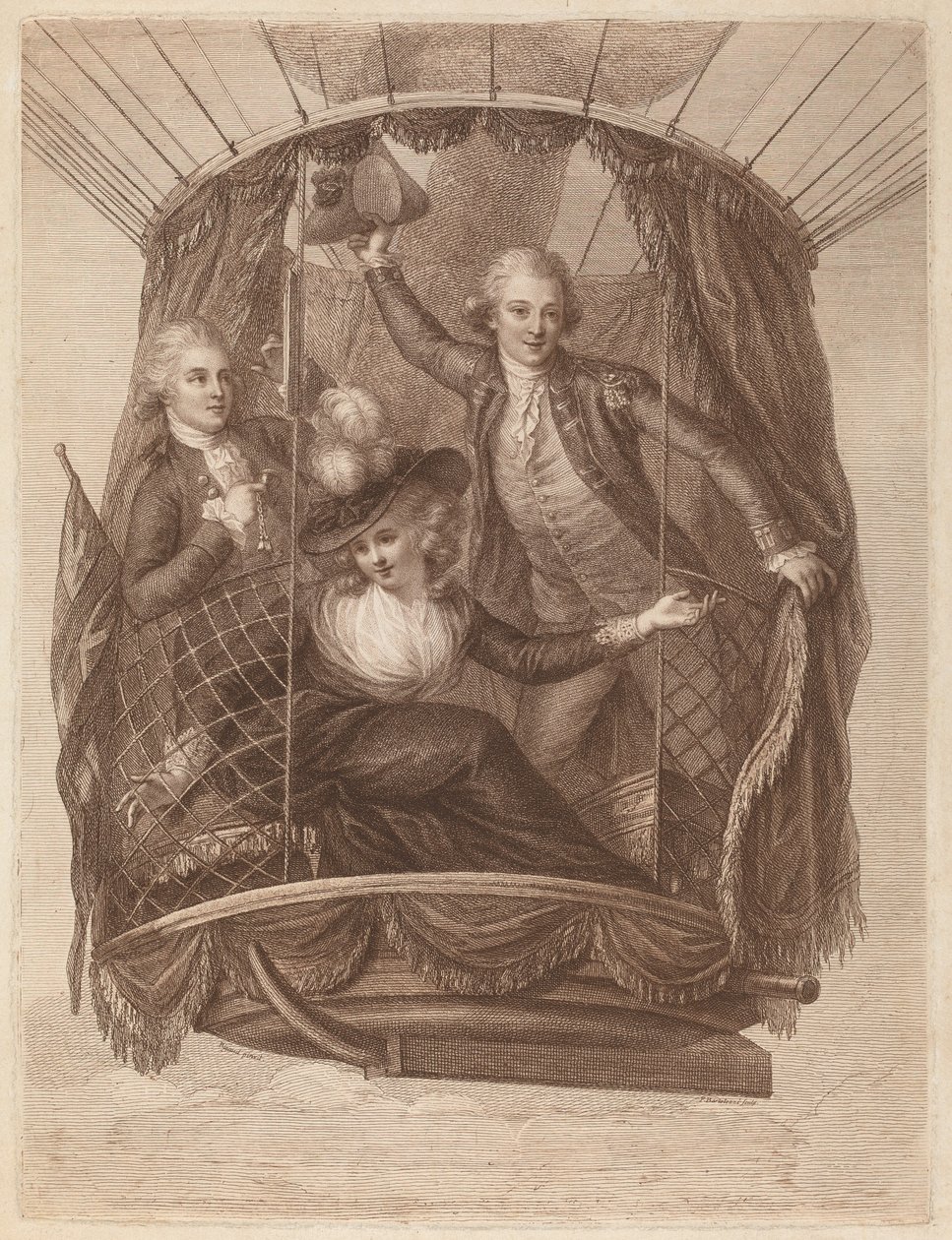 Słynny Vincent Lunardi Esq. W towarzystwie dwóch przyjaciół w jego trzeciej wycieczce lotniczej, zaczerpniętej z pól św. Jerzego w Londynie autorstwa Francesco Bartolozzi after John Francis Rigaud