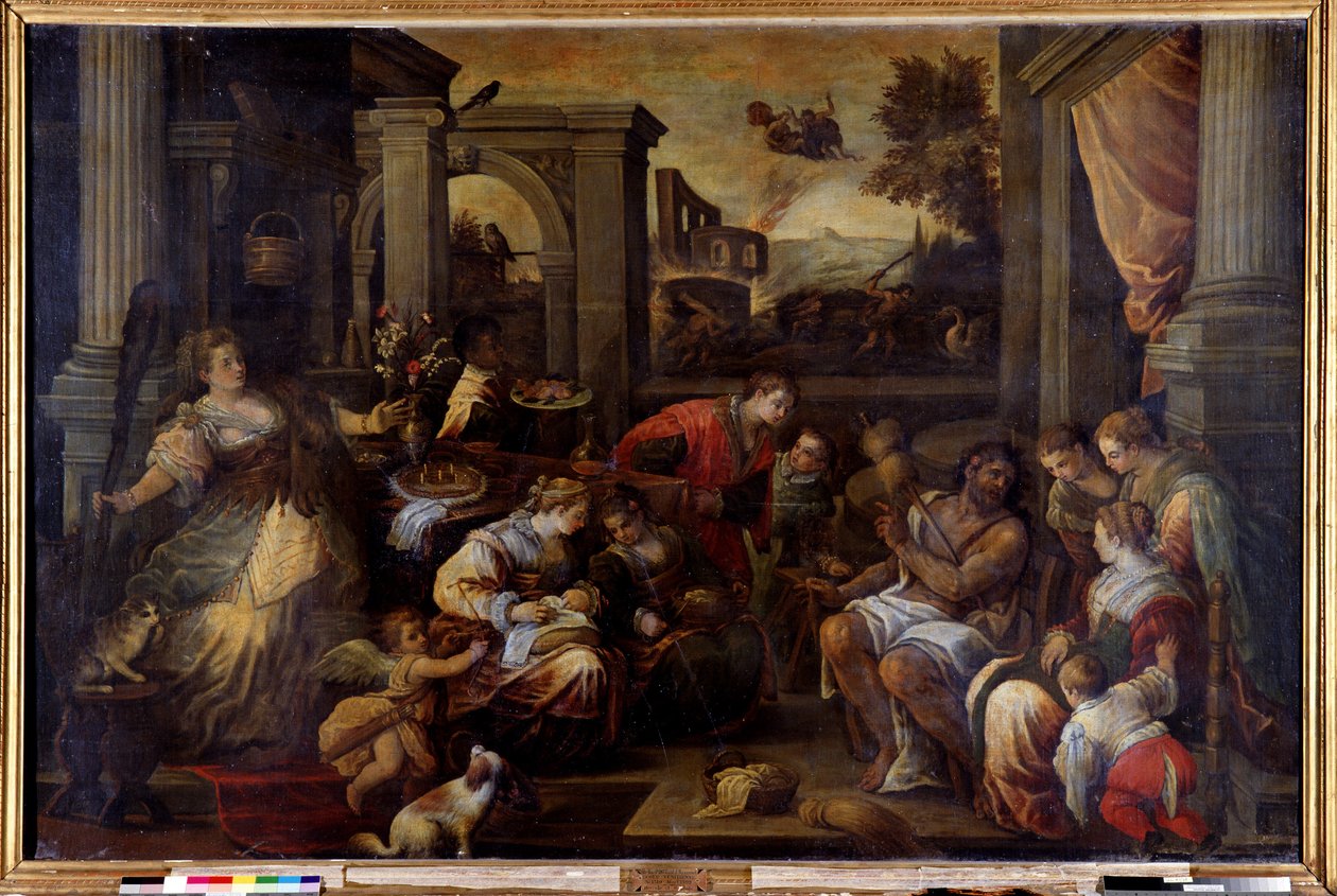 Hercules and Omphale Hercules, zakochany w królowej Lycii Omphale, zabiera swój spinner cattail autorstwa Francesco Bassano