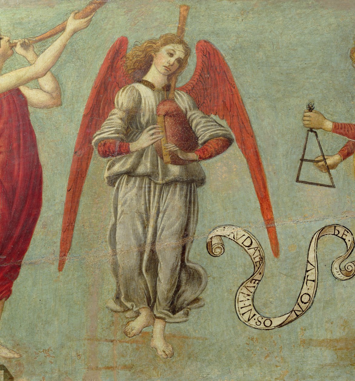 Anioł grający na dudach, temp. ok. 1475-97 na detalu panelu z 64871, patrz także 64873 i 64874 autorstwa Francesco Botticini