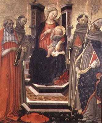 Madonna z Dzieciątkiem z Św. Hieronim, Franciszek z Asyżu, Antoni z Padwy i Ludwik z Tuluzy (tempera na panelu) autorstwa Francesco Botticini