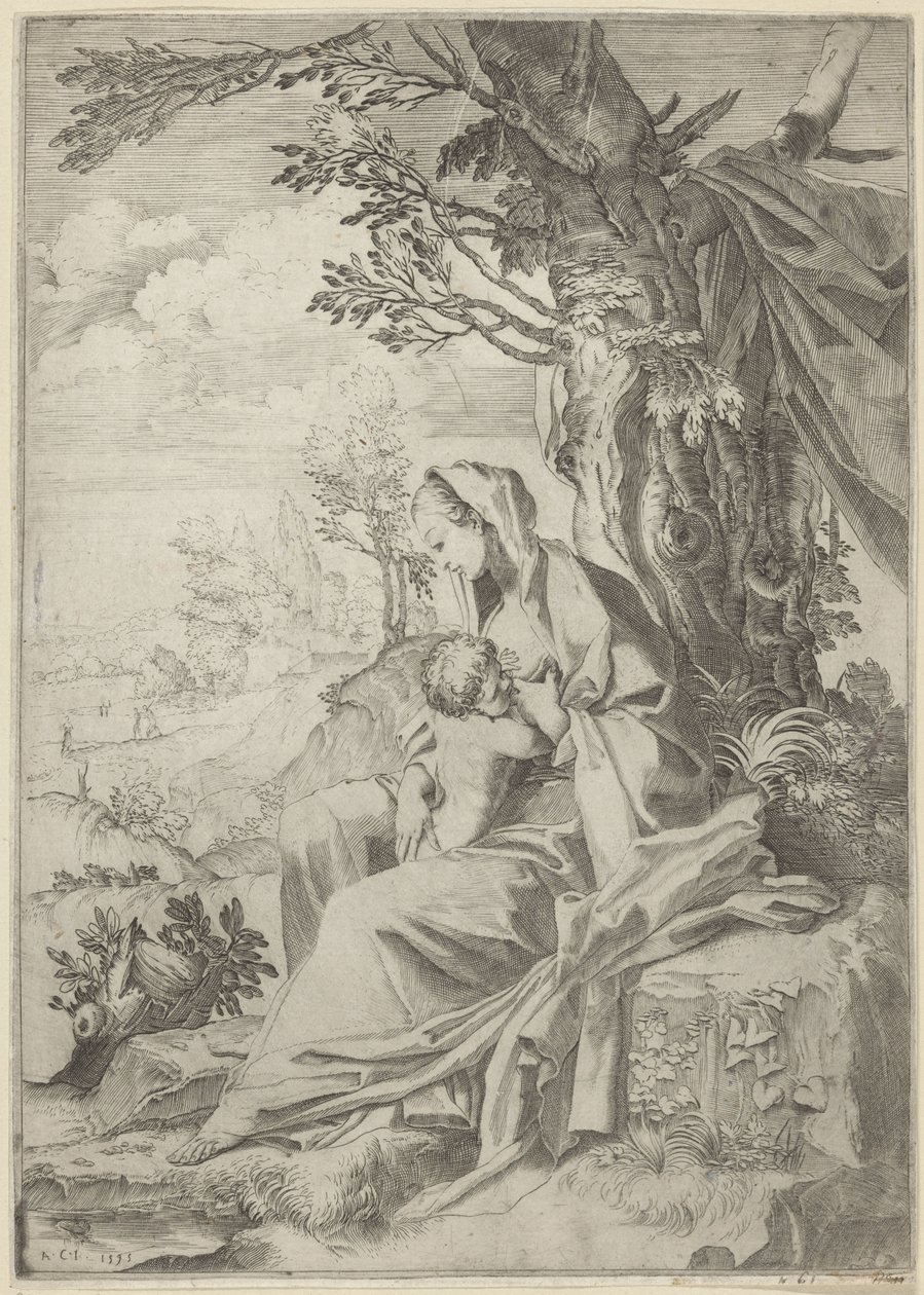 Maryja karmiąca Dzieciątko Chrystus w krajobrazie autorstwa Francesco Brizio