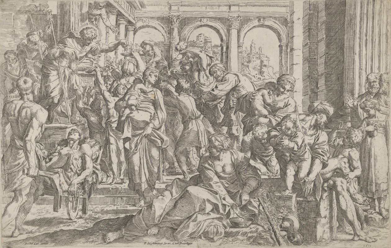 Św. Roch po lewej rozdając jałmużnę grupie ludzi zgromadzonych wokół niego po... 1590-1600. autorstwa Francesco Brizio