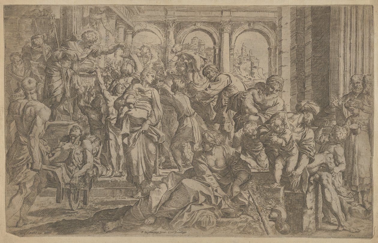 Św. Roch po lewej rozdając jałmużnę grupie ludzi zgromadzonych wokół niego, po A..., ca. 1607. autorstwa Francesco Brizio