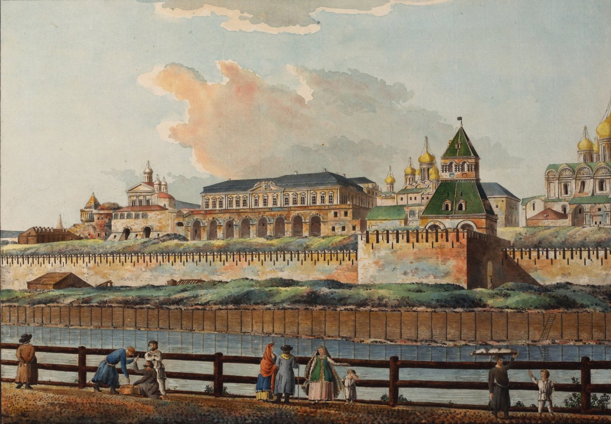 Widok na Zimowy Pałac Kremla z rzeki Moskwy, lata 80. XVIII wieku autorstwa Francesco Camporesi