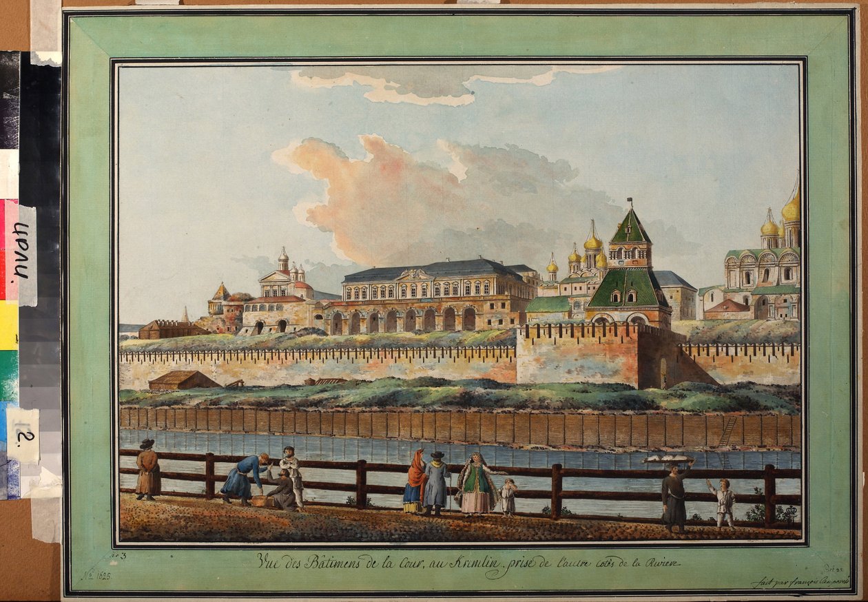 Widok na Zimowy Pałac Kremlowski w Moskwie od strony rzeki Moskwy - Praca Francesco Camporesi (1747-1831), akwarela na papierze, ok. 1780 (Widok Zimowego Pałacu Kremlowego od strony rzeki Moskwy, Akwarela na papierze Francesco Camporesi) - Instytut Rus autorstwa Francesco Camporesi