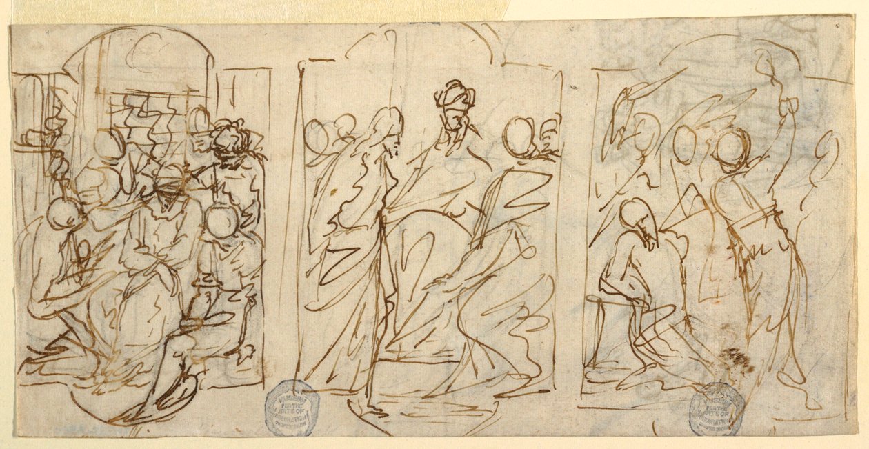 Rysunek, Trzy etapy Męki Pańskiej: Szyderstwo, Chrystus przed Piłatem, Biczowanie, ok. 1848 r. autorstwa Francesco Coghetti