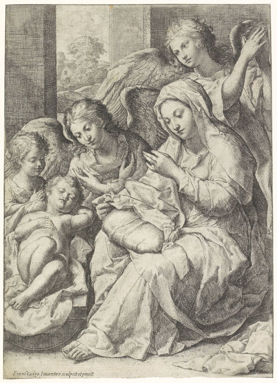 Maryja i śpiące Dzieciątko Chrystus w otoczeniu aniołów autorstwa Francesco Cozza
