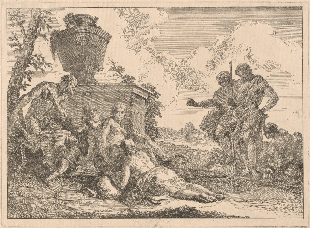 Satyr z laską i siedmioma innymi postaciami autorstwa Francesco Fontebasso