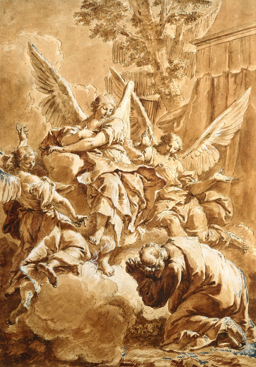 Abraham i trzej aniołowie, ok. 1750 (pióro i brązowy tusz na czarnej kredzie z czerwonym lakierem) autorstwa Francesco Fontebasso