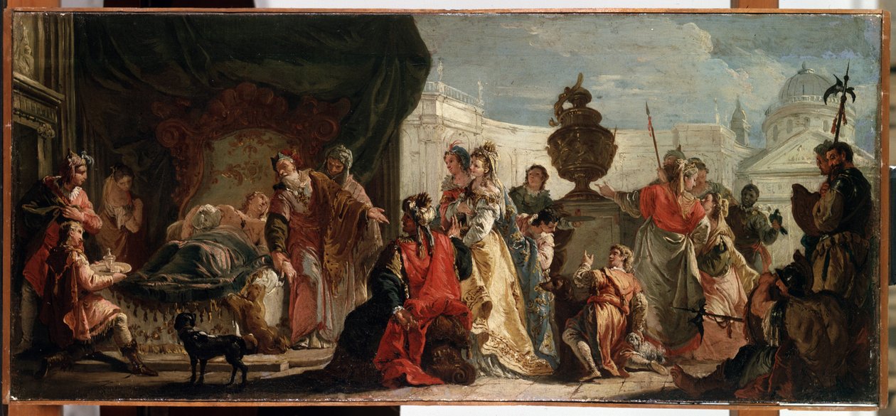 „Antioch i Stratonice” (Antioch i Stratonice). Antioch (lub Antiochos), syn króla Seleukosa (lub Seleukos) I Nicator, jest leczony przez lekarza Erazystratusa z Ceos z powodu choroby z powodu jego miłości do Stratonice (lub Stratoniki), żony jego ojca, r. autorstwa Francesco Fontebasso